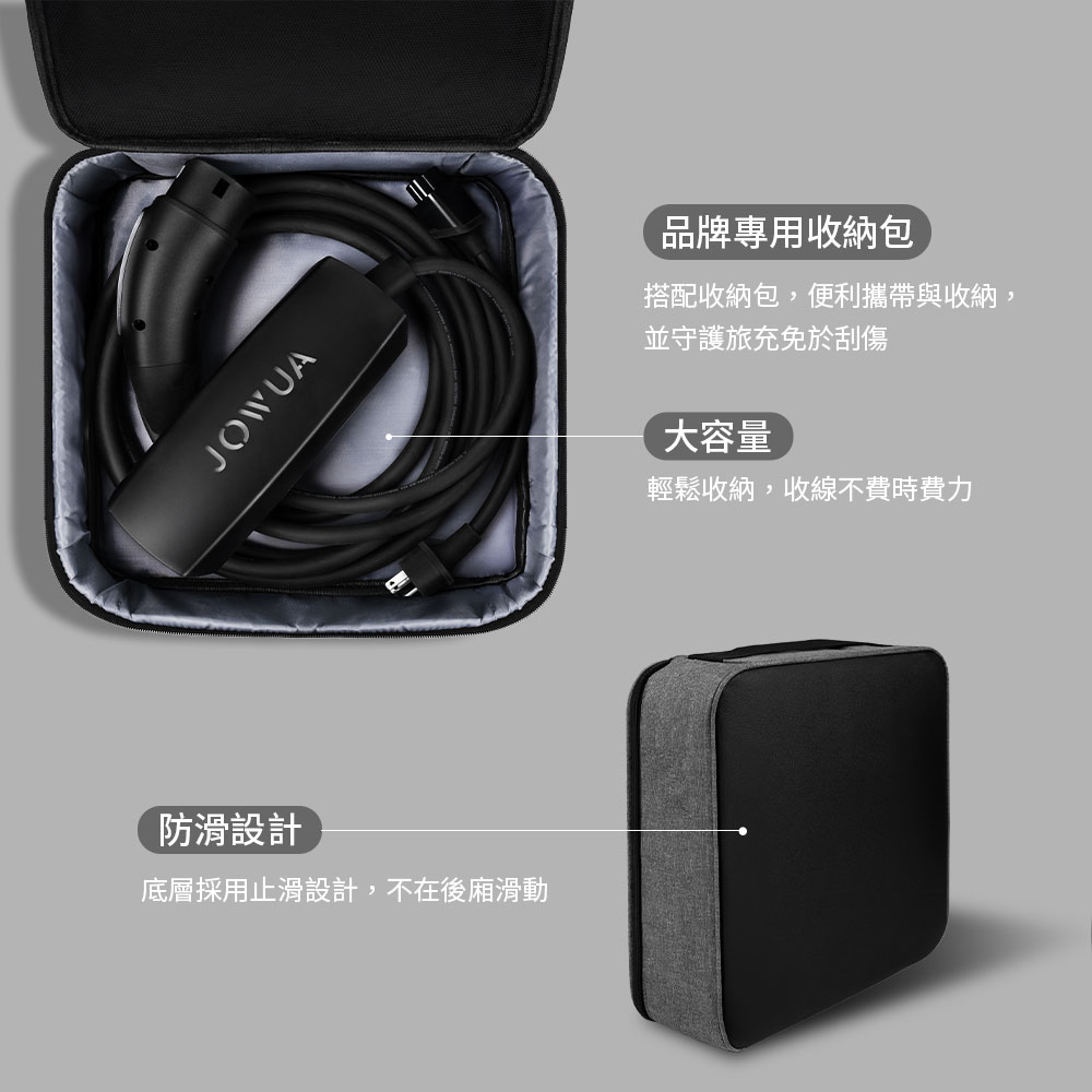 JOWUA防滑設計底層採用止滑設計,不在後廂滑動品牌專用收納包搭配收納包,便利攜帶與收納,並守護旅充免於刮傷大容量輕鬆收納,收線不費時費力