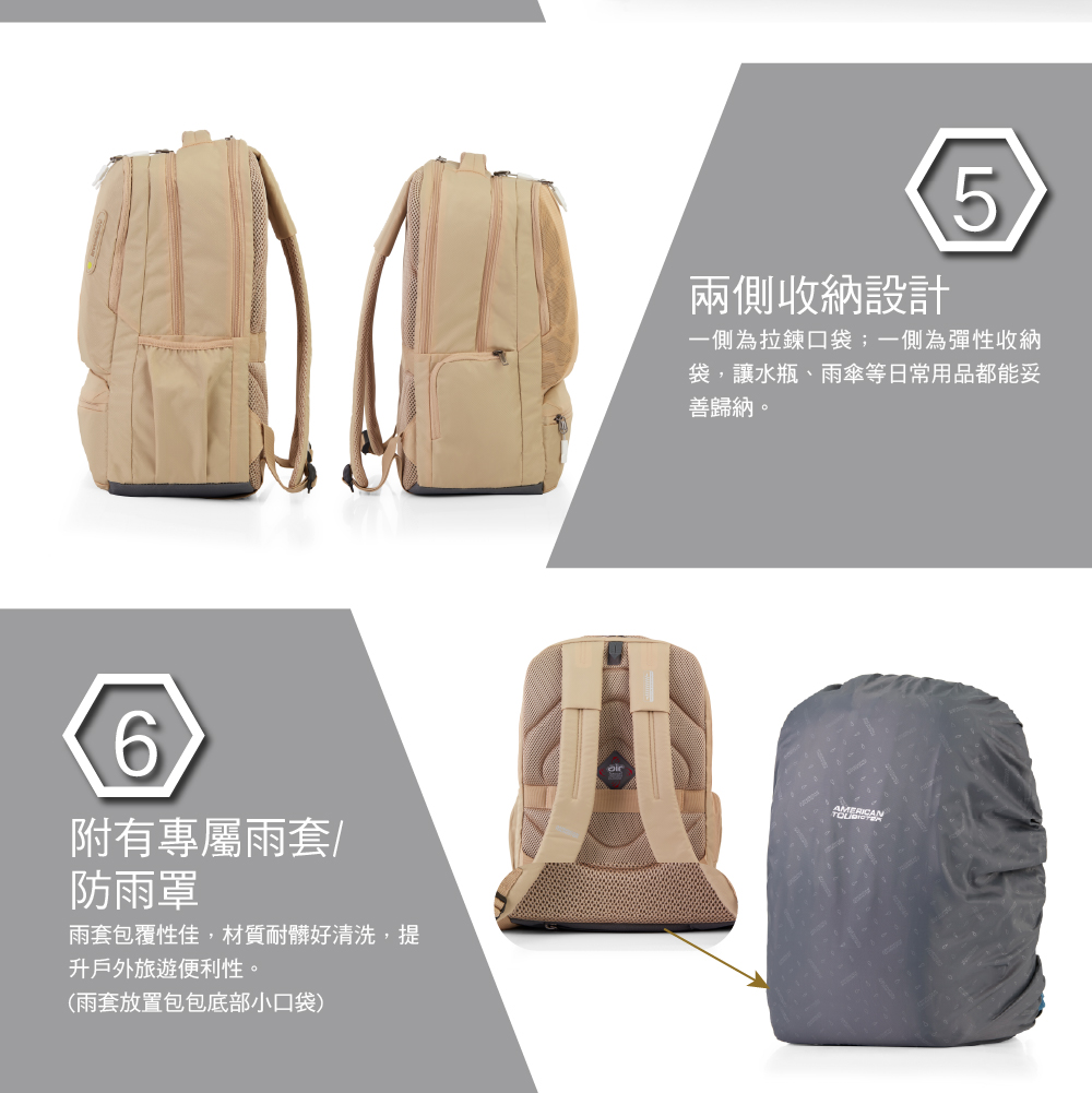6附有專屬雨套/防雨罩雨套包覆性佳,材質耐髒好清洗,提升戶外旅遊便利性。(雨套放置包包底部小口袋)兩側收納設計5一側為拉鍊口袋;一側為彈性收納袋,讓水瓶、雨傘等日常用品都能妥善歸納。