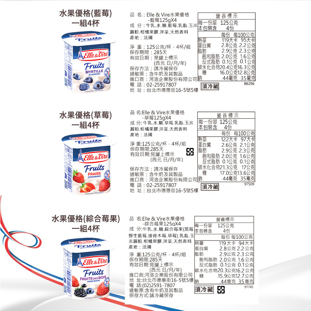 水果優格藍莓)一組4杯品名:Elle  水果優格-藍莓125gX4 分:牛乳水糖藍莓乳脂米澱粉柑橘果膠洋菜天然香料產地:法國營養標示每一量125公克本包裝含4份熱量每份 每100公克(119 95大卡Elle&淨重:125公克/杯杯/組保存期限:285天蛋白質脂肪有效日期:見罐上標示MYRTILLE(西元日/月/年)保存方法:請冷藏保存過敏原:含牛奶及其製品進口商:河洛企業股份有限公司電話:02-2591780728公克22公克29公克23公克飽和脂肪 20公克16公克反式脂肪 0.1公克 0.1公克碳水化合物20.4公克16.3公克糖 公克12.8公司44毫克 35毫克地 址:台北市德惠街16-5號5樓須冷藏86256水果優格(草莓)一組4杯品名:Elle & 水果優格-草莓125gX4成分:牛乳.水.糖.草莓.乳脂.玉米澱粉.柑橘果膠.洋菜.天然香料產地:法國營養標示每一份量125公克本包裝含4份熱量Elle & Vire淨重:125公克/杯4杯/組保存期限:285天有效日期:見罐上標示蛋白質 脂肪(西元日/月/年)FruitsFRAISE保存方法:請冷藏保存過敏原:含牛奶及其製品每份 每100公克122大卡 97大卡2.6公克2.1公克2.9公克2.3公克飽和脂肪2.0公克1.6公克反式脂肪 0.1公克 0.1公克碳水化合物21.3公克 17公克糖 17.0公克13.6公克進口商:河洛企業股份有限公司電話:02-2591780744毫克 35毫克地 址:台北市德惠街16-5號5樓「須冷藏97509水果優格(綜合莓果)一組4杯品名:Elle & Vire水果優格-綜合莓果125qX4Fruits每一份量成分:牛乳.水.糖.綜合莓果(黑莓 本包裝含野生藍莓接骨木莓草莓).乳脂.玉米澱粉.柑橘果膠.洋菜天然香料 熱量產地:法國營養標示125公克4份Elle&Vire淨重:125公克/杯4杯/組保存期限:285天有效日期:見罐上標示(西元日/月/年)每份 每100公克119大卡 94大卡蛋白質 2.8公克2.2公克脂肪 2.9公克2.3公克飽和脂肪 2.0公克1.6公克反式脂肪0.1公克0.1公克碳水化合物20.3公克16.2公克糖 15.9公克12.7公克FruitsFRUITS  BOIS BERRY進口商:河洛企業股份有限公司地 址:台北市德惠街16-5號5樓 鈉電話:(02)2591-780744毫克 35克過敏原:含有牛奶及其製品 須冷藏 保存方式:請冷藏保存97745