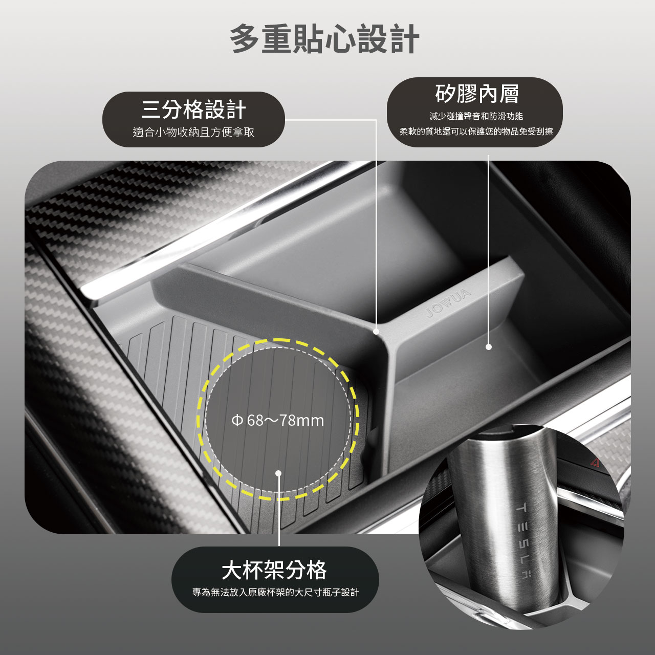 多重貼心設計矽膠內層減少碰撞聲音和防滑功能三分格設計適合小物收納且方便拿取柔軟的質地還可以保護您的物品免受刮擦68~78mm大杯架分格專為無法放入原廠杯架的大尺寸瓶子設計JOWUA