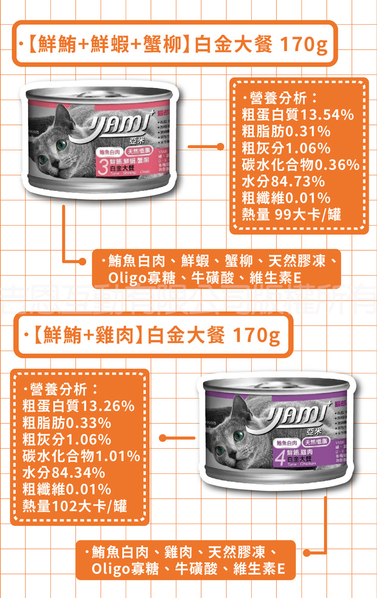 【鮮鮪+鮮蝦+蟹柳】白金大餐170g，鮪魚白肉 天然/低脂▶鮮銪鮮蝦蟹柳，白金大餐，營養分析:粗蛋白質13.54%，粗脂肪0.31%，粗灰分1.06%，碳水化合物0.36%，水分84.73%，粗纖維0.01%，熱量 99大卡/罐，·鮪魚白肉、鮮蝦、蟹