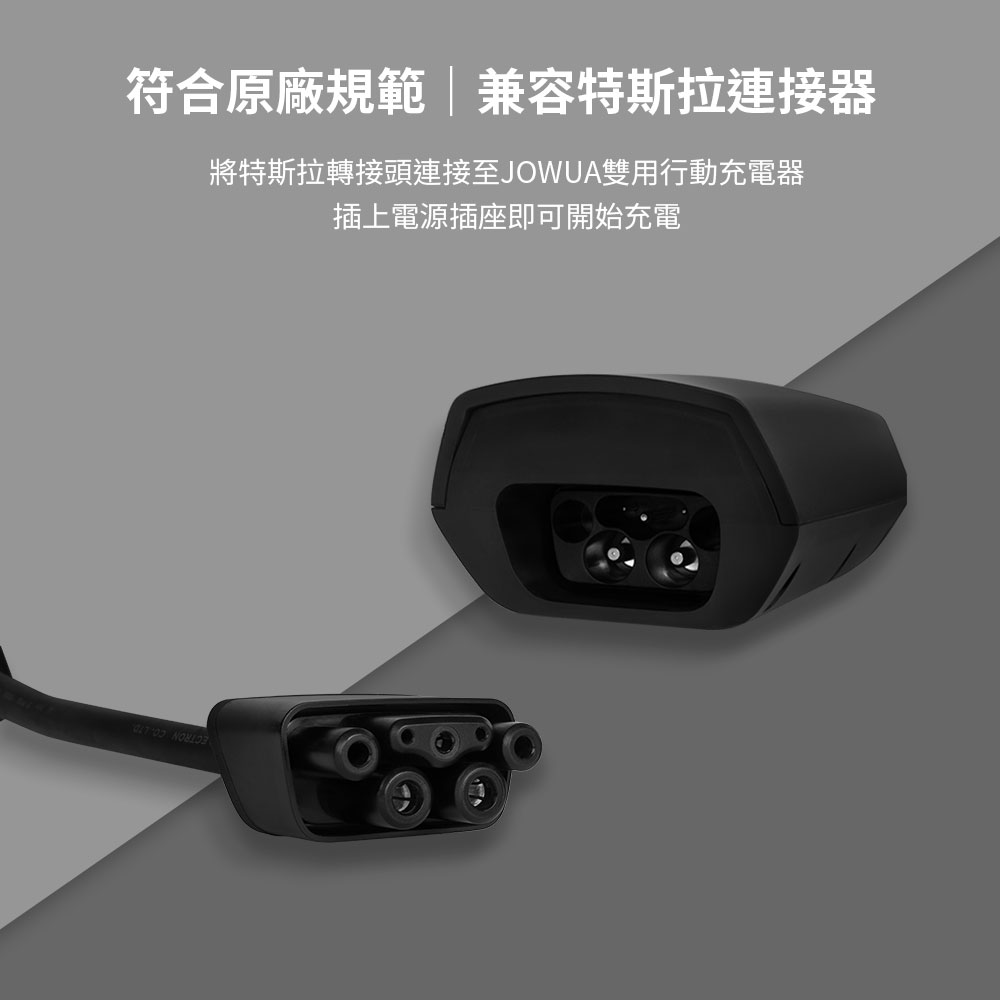 符合原廠規範兼容特斯拉連接器將特斯拉轉接頭連接至JOWUA雙用行動充電器插上電源插座即可開始充電