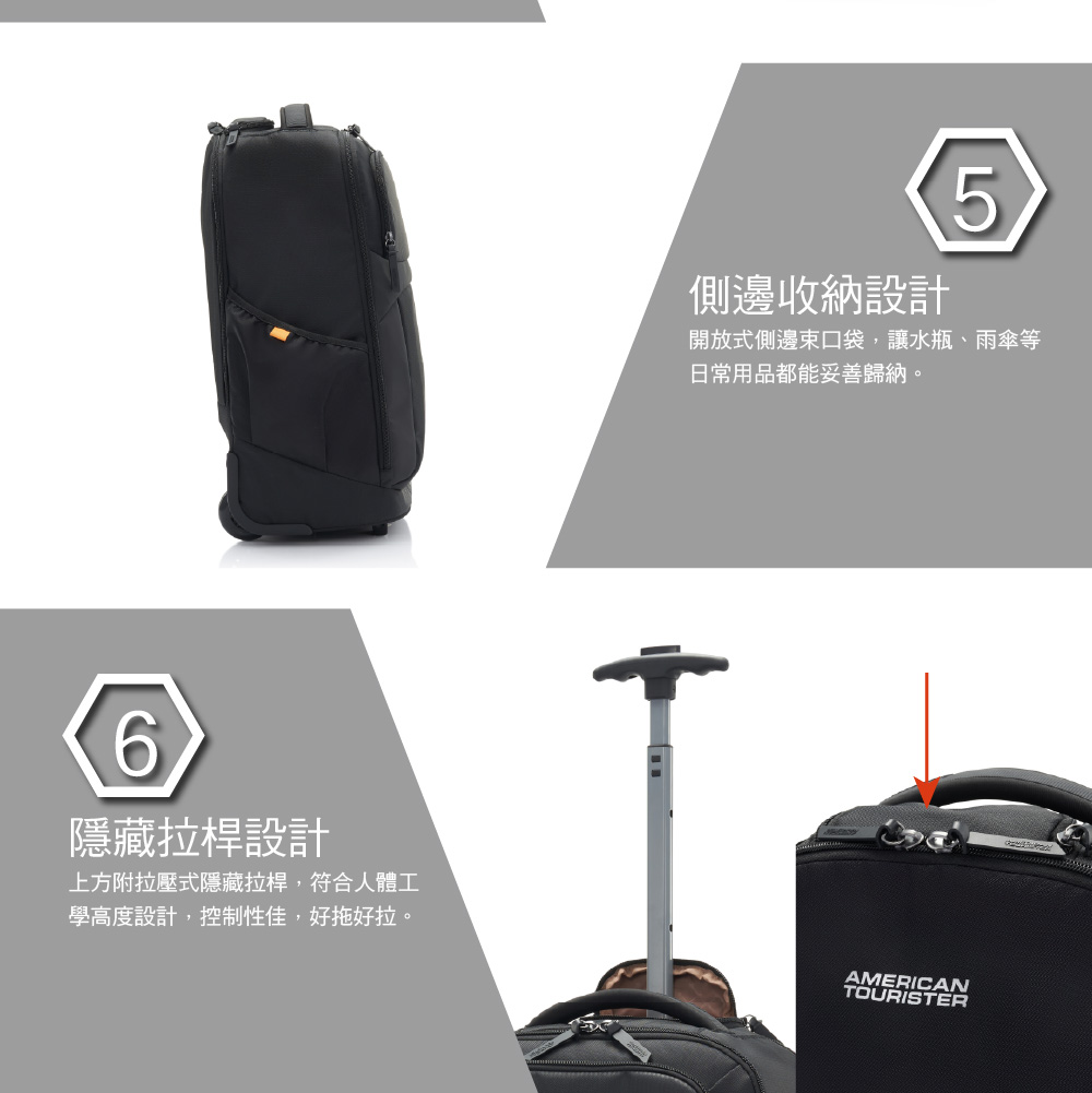 側邊收納設計5開放式側邊束口袋,讓水瓶、雨傘等日常用品都能妥善歸納。6隱藏拉桿設計上方附拉壓式隱藏拉桿,符合人體工學高度設計,控制性佳,好拖好拉。AMERICANTOURISTER