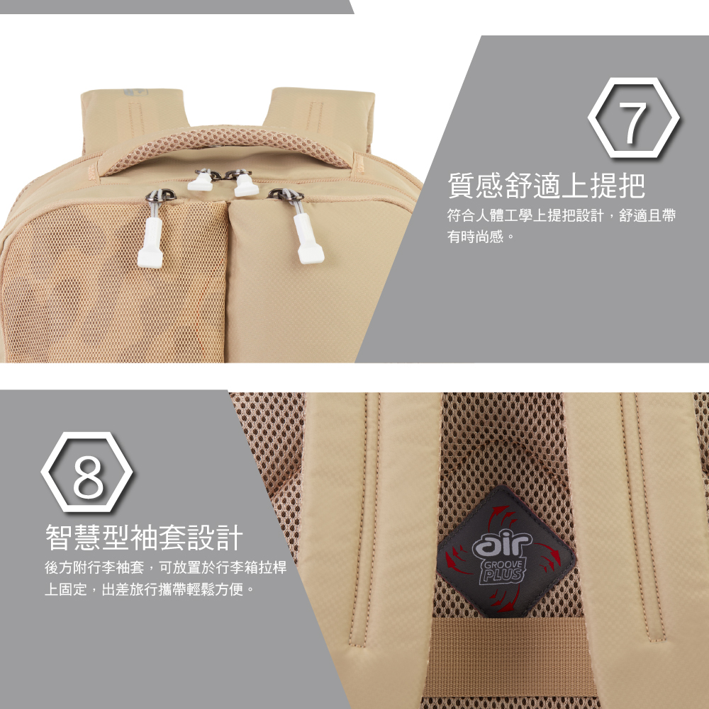 7質感舒適上提把符合人體工學上提把設計,舒適且帶有時尚感。8智慧型袖套設計後方附行李袖套,可放置於行李箱拉桿上固定,出差旅行攜帶輕鬆方便。GROOVE