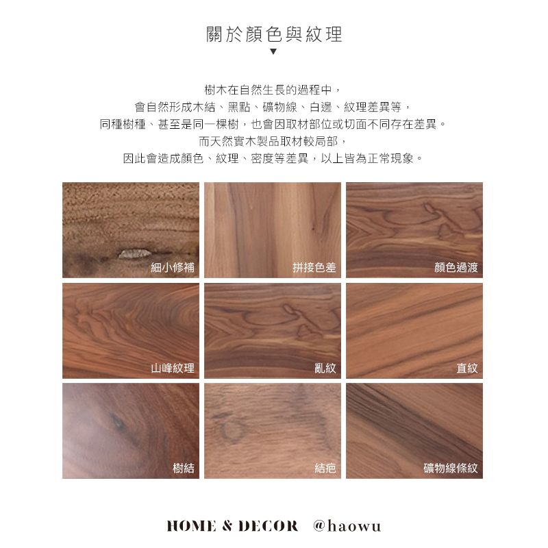 關於顏色與紋理樹木在自然生長的過程中,會自然形成木結、黑點、礦物線、白邊、紋理差異等,同種樹種、甚至是同一棵樹,也會因取材部位或切面不同存在差異。而天然實木製品取材較局部,因此會造成顏色、紋理、密度等差異,以上皆為正常現象。細小修補拼接色差顏色過渡山峰紋理亂紋直紋樹結結疤礦物線條紋HOME & DECOR @haowu