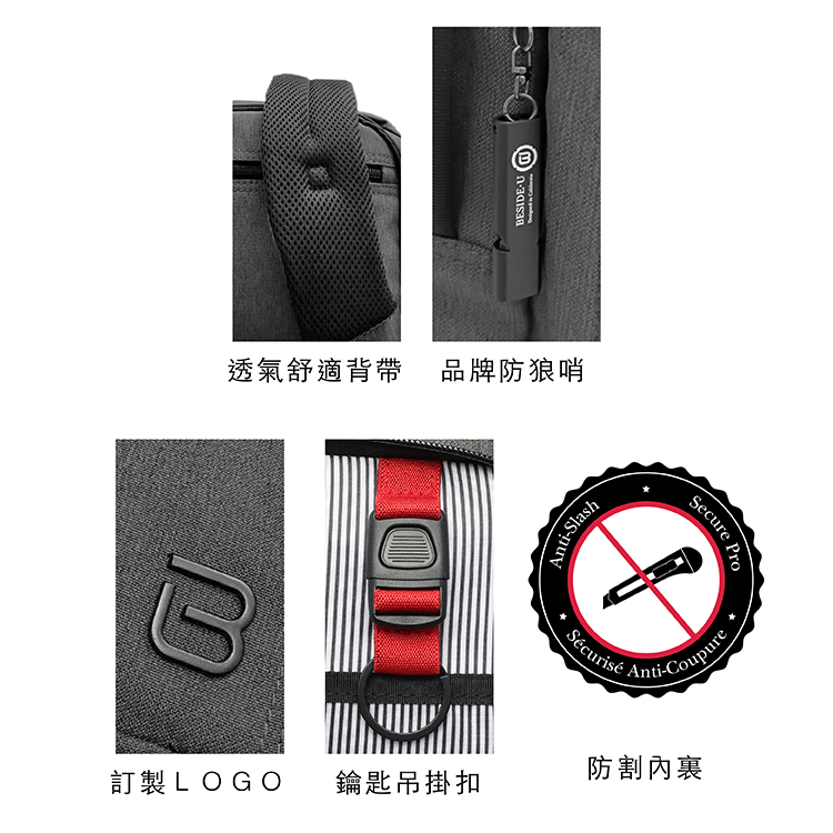 BESIDE U透氣舒適背帶 品牌防狼哨Anti-SlashS&eacute;curis&eacute;Secure ProAnti-Coupure防割內鑰匙吊掛扣