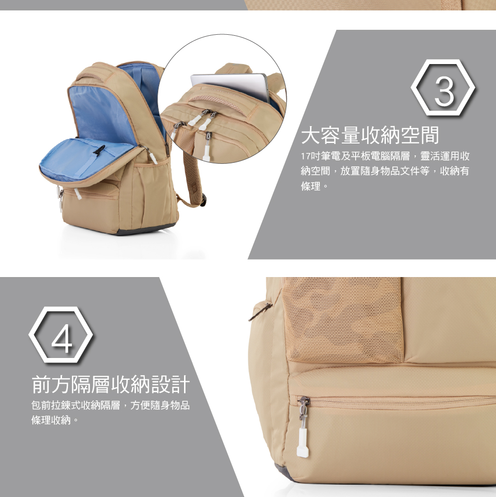 4前方隔層收納設計包前拉鍊式收納隔層,方便隨身物品條理收納。容量收納空間317筆電及平板電腦隔層,靈活運用收納空間,放置隨身物品文件等,收納有條理。