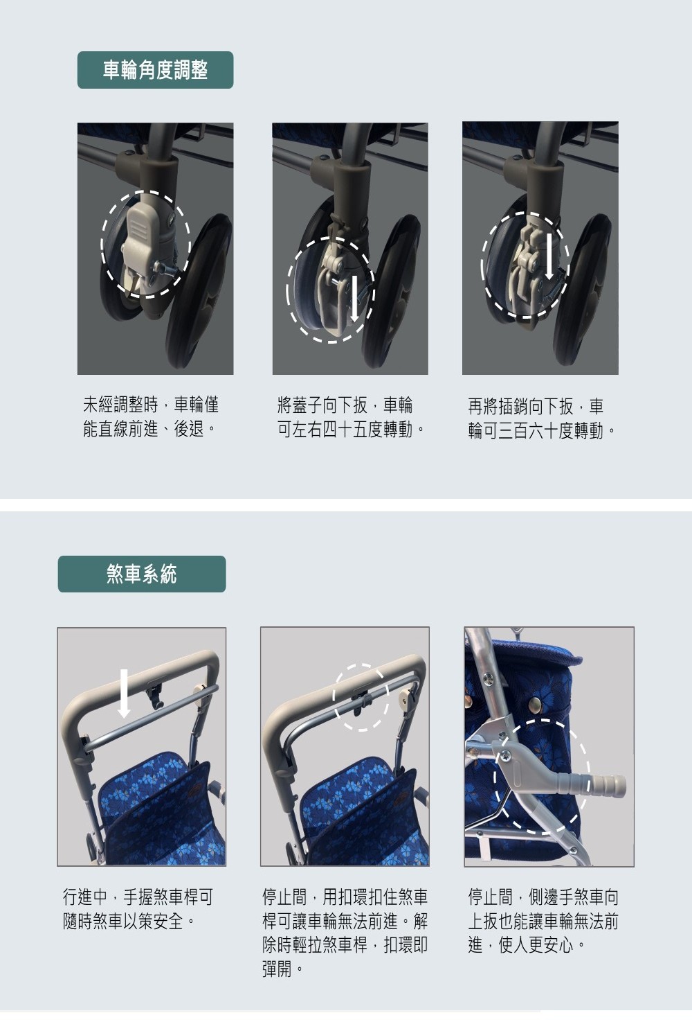 車輪角度調整未經調整時,車輪僅能直線前進、後退。將蓋子向下,車輪可左右四十五度轉動。再將插銷向下扳,車輪可三百六十度轉動。煞車系統行進中,手握煞車桿可隨時煞車以策安全。停止間,用扣環扣住煞車桿可讓車輪無法前進。解除時輕拉煞車桿,扣環即彈開。停止間,側邊手煞車向上扳也能讓車輪無法前進,使人更安心。