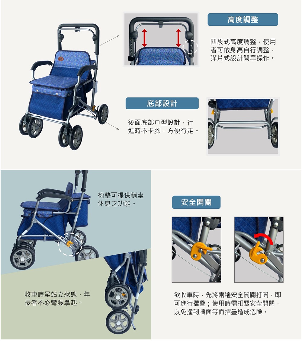 收車時站立狀態年長者不必彎腰拿起。底部設計後面底部型設計行進時不卡腳,方便行走。椅墊可提供稍坐休息之功能。安全開關高度調整四段式高度調整,使用者可依身高自行調整,彈片式設計簡單操作。欲收車時,先將兩邊安全開關打開,即可進行摺疊;使用時需扣緊安全開關,以免撞到牆面等而摺疊造成危險。