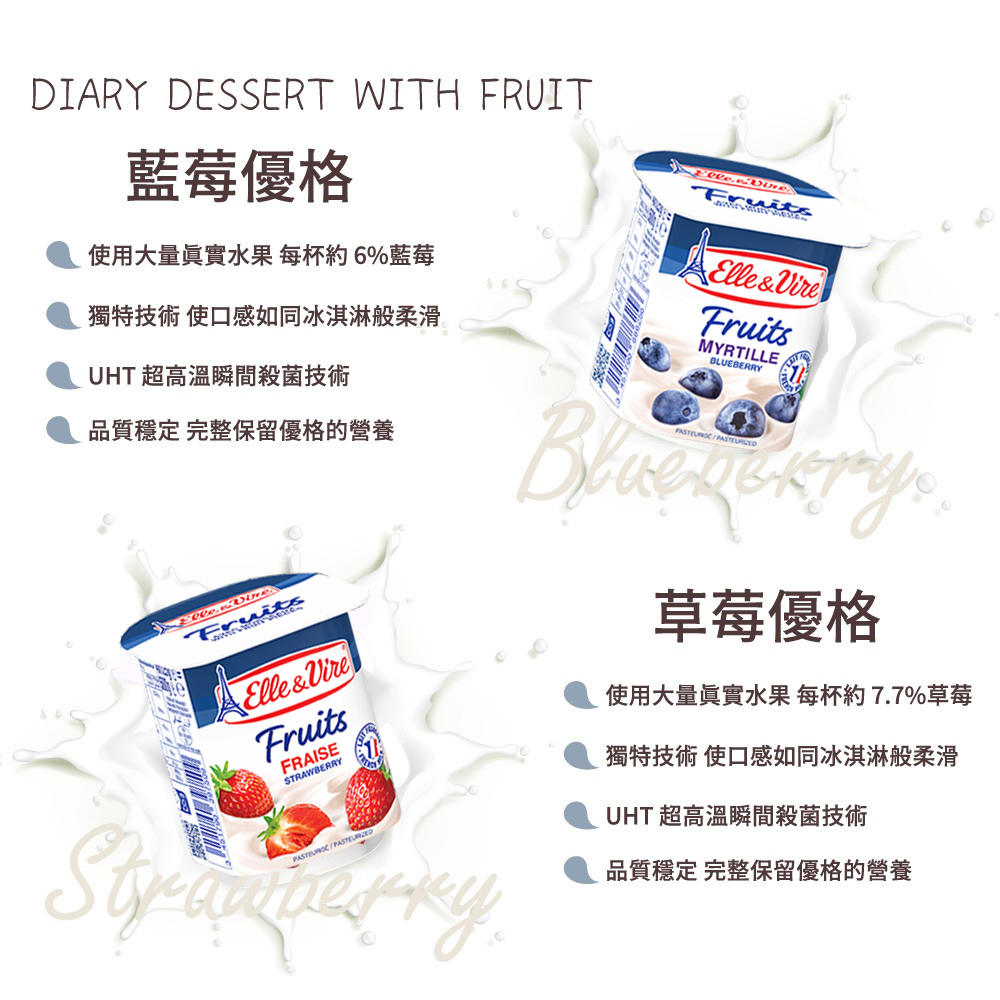 DIARY DESSERT WITH FRUIT藍莓優格Fruits使用大量眞實水果 每杯約6%藍莓獨特技術 使口感如同冰淇淋般柔滑UHT 超高溫瞬間殺菌技術品質穩定 完整保留優格的營養Elle&FruitsFRAISESTRAWBERRYElle&VireFruitsMYRTILLEBLUEBERRY草莓優格使用大量眞實水果每杯約7.7%草莓獨特技術 使口感如同冰淇淋般柔滑UHT 超高溫瞬間殺菌技術品質穩定 完整保留優格的營養