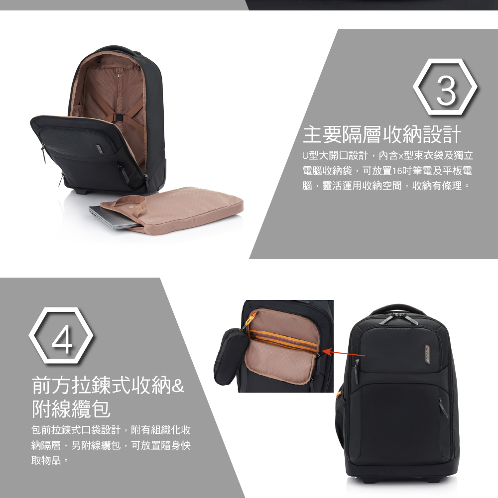 4前方拉鍊式收納&附線纜包包前拉鍊式口袋設計,附有組織化收納隔層,另附線纜包,可放置隨身快取物品。3主要隔層收納設計大開口設計,內含型衣袋及獨立電腦收納袋,可放置16吋筆電及平板電腦,靈活運用收納空間,收納有條理。