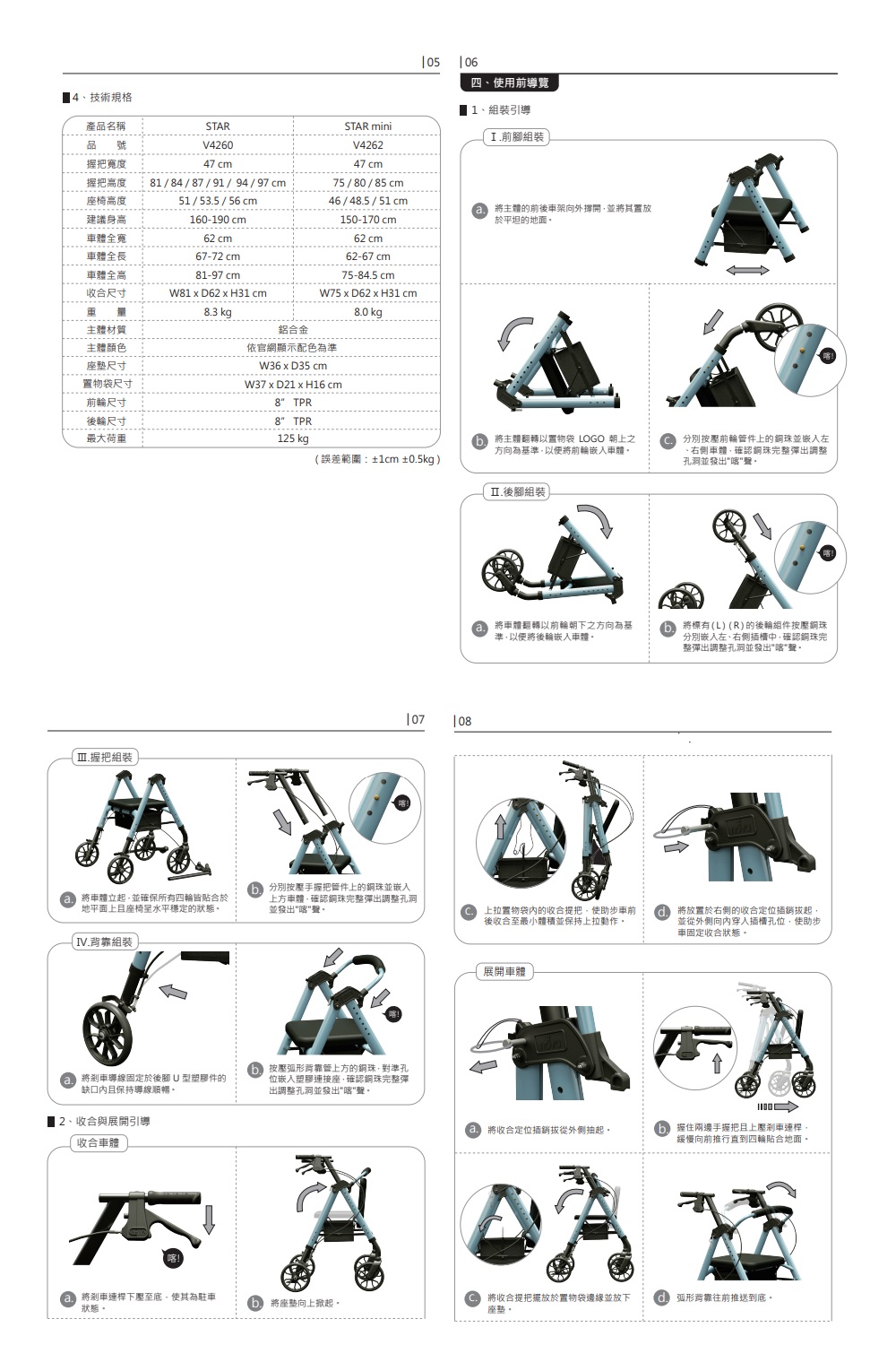 4、技術規格0506四、使用前導覽V426047 1/4/87/91/94/97 cm51 / 535 / 56cm160-190cmSTAR miniV426247 cm75/80/85cm46 / 48.5/51cm150-170 cm產品名稱STAR品號握把寬度握把高度座椅高度建議身高車體全寬車體全長車體全高收合尺寸81-97 cm  D62  H31 cm8.3 kgW75  D62  H31 cm8.0 kg主體材質鋁合金主體顏色62 cm67-72 cm62 cm62-67cm75-84.5 cm 1、組裝引導I.前腳組裝主體的前後車架向外撐開並其置放於平坦的地面座尺寸置物袋尺寸前輪尺寸後輪尺寸最大荷重依官網顯示配色為準W36 x D35 cmW37 x D21xH16 cm8 TPR8 TPR125 kg將主體翻轉以置物袋 LOGO 朝上之方向為基準以便將前輪嵌入車體誤差範圍:±1cm ±0.5kg.後腳組裝0708.握把組裝將車體翻轉以前輪朝下之方向為基準以便將後輪嵌入車體 將車體立起並確保所有四輪皆合於地平面上座椅水平穩定的狀態分別按壓手握把管件上的銅珠並嵌入上方車體確認銅珠完整彈出調整孔洞並發出聲上拉置物袋的收合提把使助步車前後收合至最小體積並保持上拉動作。IV.組裝將剎車導線固定於後腳 U 型塑膠件的缺口內且保持導線順暢。按壓弧形背靠管上方的銅珠對準孔位嵌入塑膠連接座確認銅珠完整彈出調整孔洞並發出喀聲。2、收合與展開引導收合車體展開車體()將收合定位插銷拔從外側抽起。分別按壓前輪管件上的銅珠並嵌入左、右側車體確認銅珠完整彈出調整孔洞並發出喀聲·將標有(L)(R)的後輪組件按壓銅珠分別嵌入左、右側中確認銅珠完整彈出調整孔洞並發出喀聲。將放置於右側的收合定位插銷拔起,並從外側向內穿入插槽孔位,使助步車固定收合狀態。握住兩邊手握把且上壓剎車連桿,緩慢向前推行四輪貼合地面。將剎車連桿下壓至底,使其為駐車狀態。將向上掀起。將收合提把擺放於置物袋邊緣並放下座墊。 弧形靠往前推送到底。