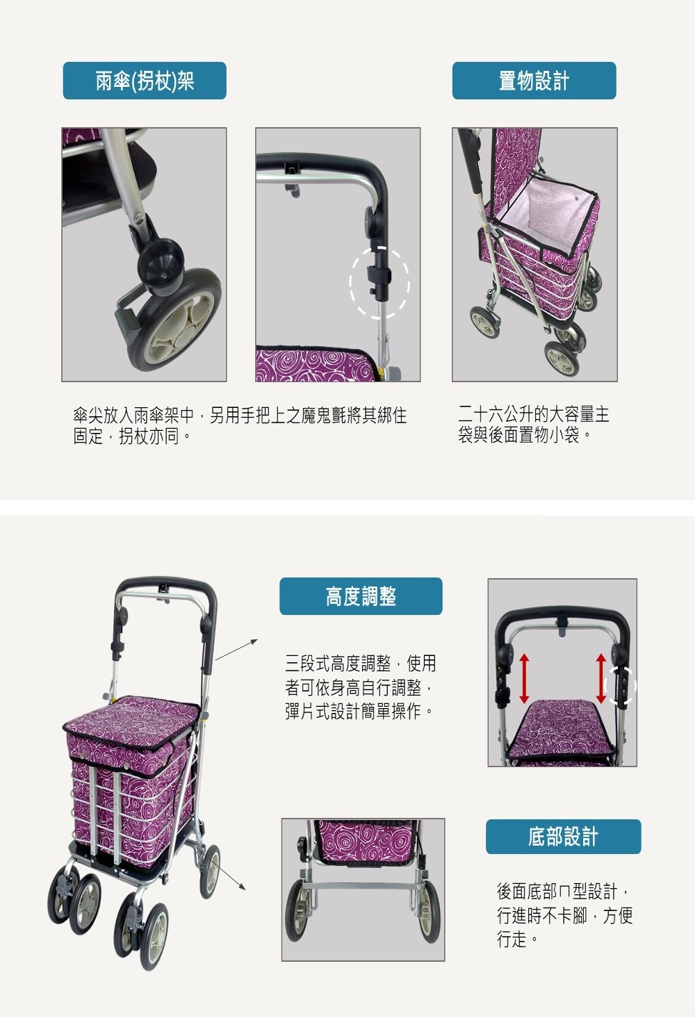 雨傘(拐杖)架置物設計傘尖放入雨傘架中,另用手把上之魔鬼氈將其綁住固定,拐杖亦同高度調整三段式高度調整,使用者可依身高自行調整,彈片式設計簡單操作。二十六公升的大容量主袋與後面置物小袋。底部設計後面底部ㄇ型設計,行進時不卡腳,方便行走。