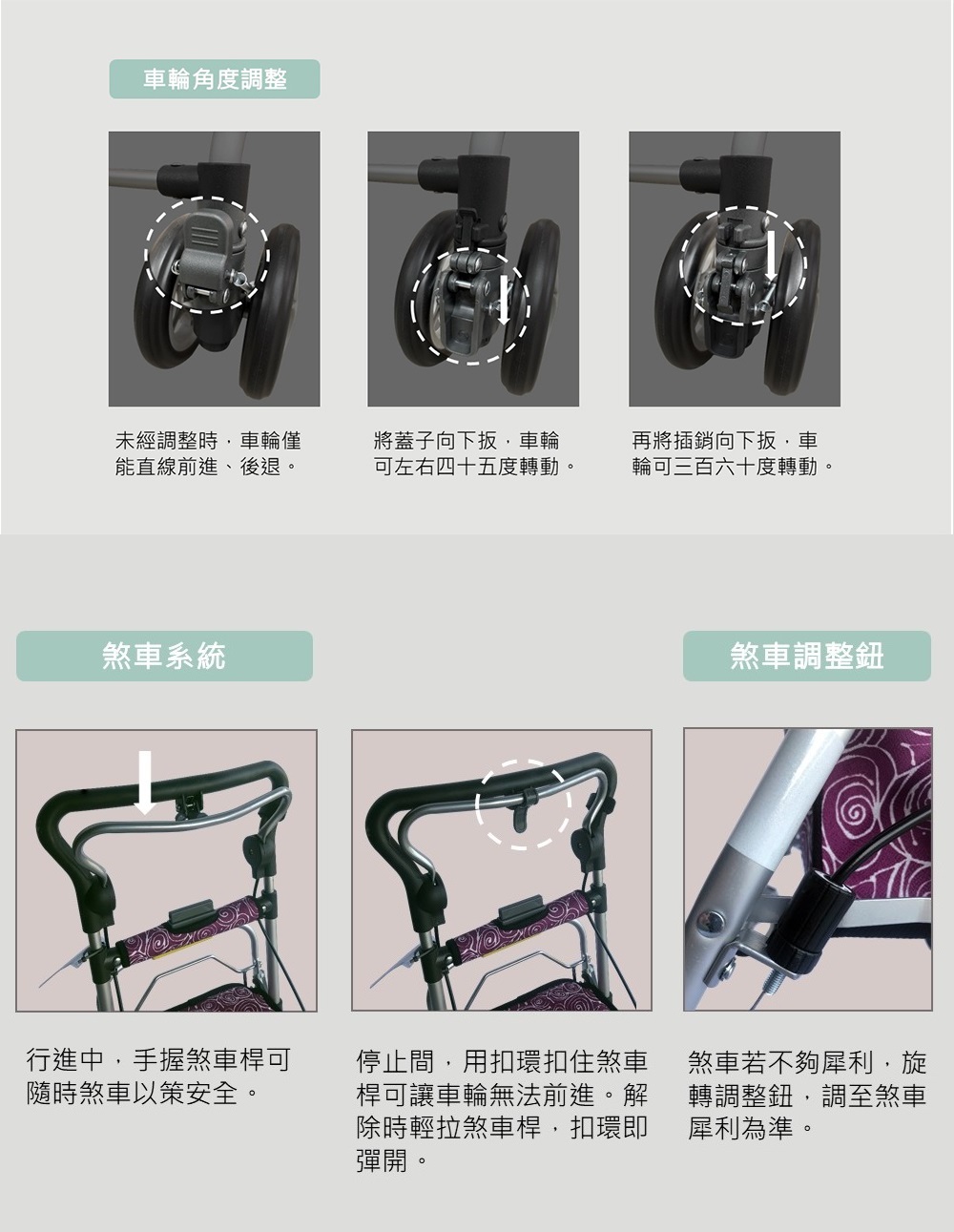 車輪角度調整未經調整時,車輪僅能直線前進、後退。將蓋子向下扳,車輪可左右四十五度轉動。再將插銷向下扳,車輪可三百六十度轉動。煞車系統行進中,手握煞車桿可隨時煞車以策安全。停止間,用扣環扣住煞車桿可讓車輪無法前進。解除時輕拉煞車桿,扣環即彈開。煞車調整鈕煞車若不夠犀利,旋轉調整鈕,調至煞車犀利為準。
