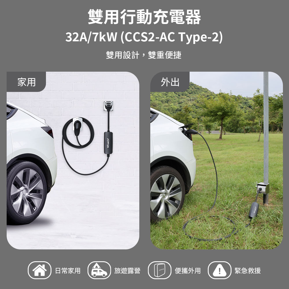 家用雙用行動充電器32A/7kW (CCS2-AC Type-2)雙用設計,雙重便捷外出日常家用旅遊露營便攜外用緊急救援