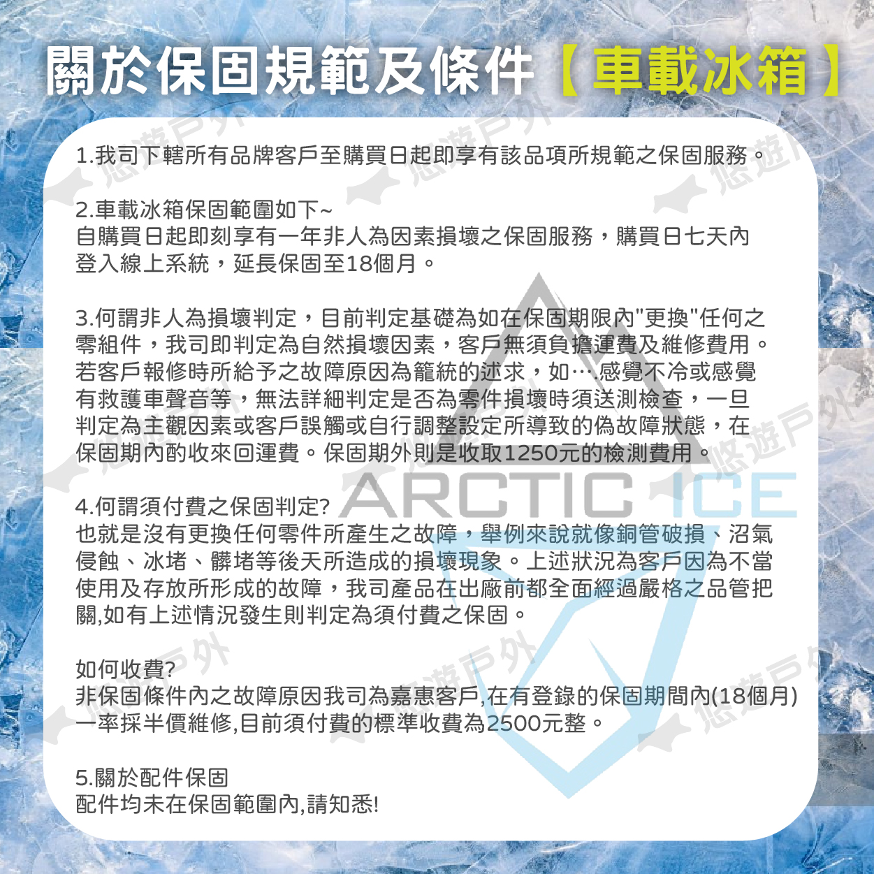 關於保固規範及條件車載冰箱1.我司下轄所有品牌客戶至購買日起即享有該品項所規範之保固服務。2.車載冰箱保固範圍如下~自購買日起即刻享有一年非人為因素損壞之保固服務,購買日七天登入線上系統,延長保固至18個月。3.何謂非人為損壞判定,目前判定基礎為如在保固期限內更換任何之零組件,我司即判定為自然損壞因素,客戶無負擔運費及維修費用。若客戶報修時所給予之故障原因為籠統的述求,如感覺不冷或感覺有救護車聲音等,無法詳細判定是否為零件損壞時須送測檢查,一旦判定為主觀因素或客戶誤觸或自行調整設定所導致的偽故障狀態,在保固期內酌收來回運費。保固期外則是收取1250元的檢測費用。悠4.何謂須付費之保固判定?RCTIC CE也就是沒有更換任何零件所產生之故障,舉例來說就像銅管破損、沼氣侵蝕、冰堵、髒堵等後天所造成的損壞現象。上述狀況為客戶因為不當使用及存放所形成的故障,我司產品在出廠前都全面經過嚴格之品管把關,如有上述情況發生則判定為須付費之保固。如何收費?非保固條件內之故障原因我司為嘉惠客戶,在有登錄的保固期間內(18個月)一率採半價維修,目前須付費的標準收費為2500元整。5.關於配件保固配件均未在保固範圍內,請知悉!