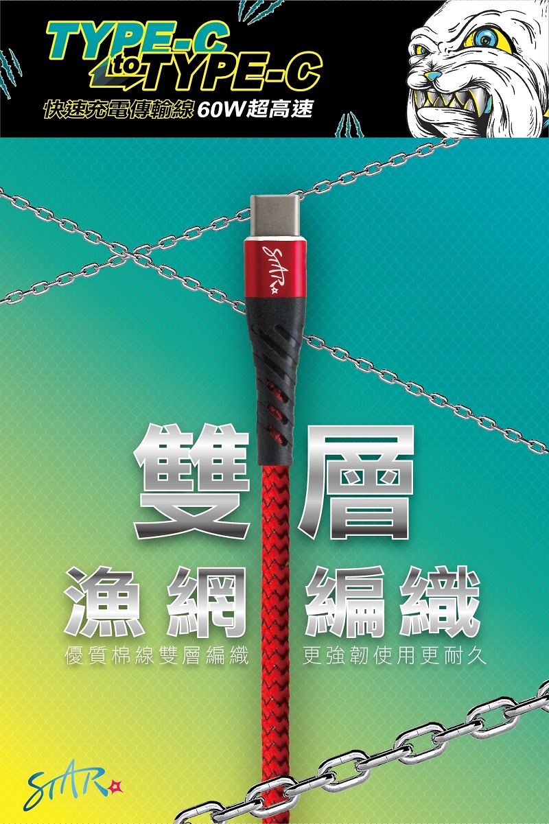 TYPE快速充電傳輸線 60W超高速漁網 編織優質棉線雙層編織更強韌使用更耐久