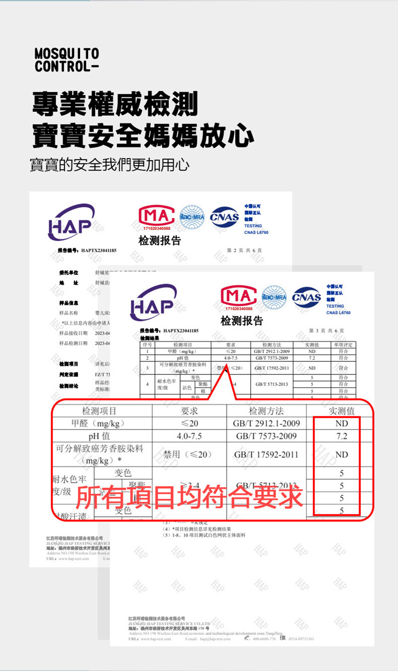 MOQUOCONTROL專業權威檢測寶寶安全媽媽放心寶寶的安全我們更加用心HAPPMA  CNAS1710340088报告报告编号HAPTX304118HAPHAP认可国际TESTINGCNAS L6760第2共6委托单位舒城址舒城样品信息样品名称婴儿床以上信息内容样品接收日期 202304 CNAS171020340088报告认可国际TESTINGCNAS L6760报告编号HAPTX23041185第3页共6页检测样品检测日期2023-04 序号检测项目要求检测方法实测 单项评定I2甲醛mgkg20GB/T 29121-2009ND符合4.0-7.5GB/T75-2009符合可分解染料 20)GB/T 17592-2011ND2符合(mg/kg) *判定依据FZ/T 73S符合样品耐水色率检测4类标准色棉4GB/T5713-20135符合符合检测项目要求检测方法实测值甲醛(mg/kg)GB/T 2912.1-2009NDpH 4.0-7.5GB/T7573-20097.2| 可分解致癌芳香胺染料(mg/kg)*禁用(≤20)GB/T17592-2011ND变色5耐水色牢度/级变色所有項目均符合要求GB/T-555酸(4)*项目检测信息详见检测结果江苏服务有限公司 HAP TESTING 地址 NO.198 Wuzhou East URL www.hap-test.comHAP(5)1-8、10项目测试白色网状主体面料HAPHAPHAPHAPHAPHAPHAPHAPHAPHAPHAPHAP400-6600-776  NO.198 Wizhou East Road economic and  development zone. YangZhou江苏检测服务有限公司 HAP TESTING SERVICE 地址198号URL www.hap-test.comE-: haphap-test.com