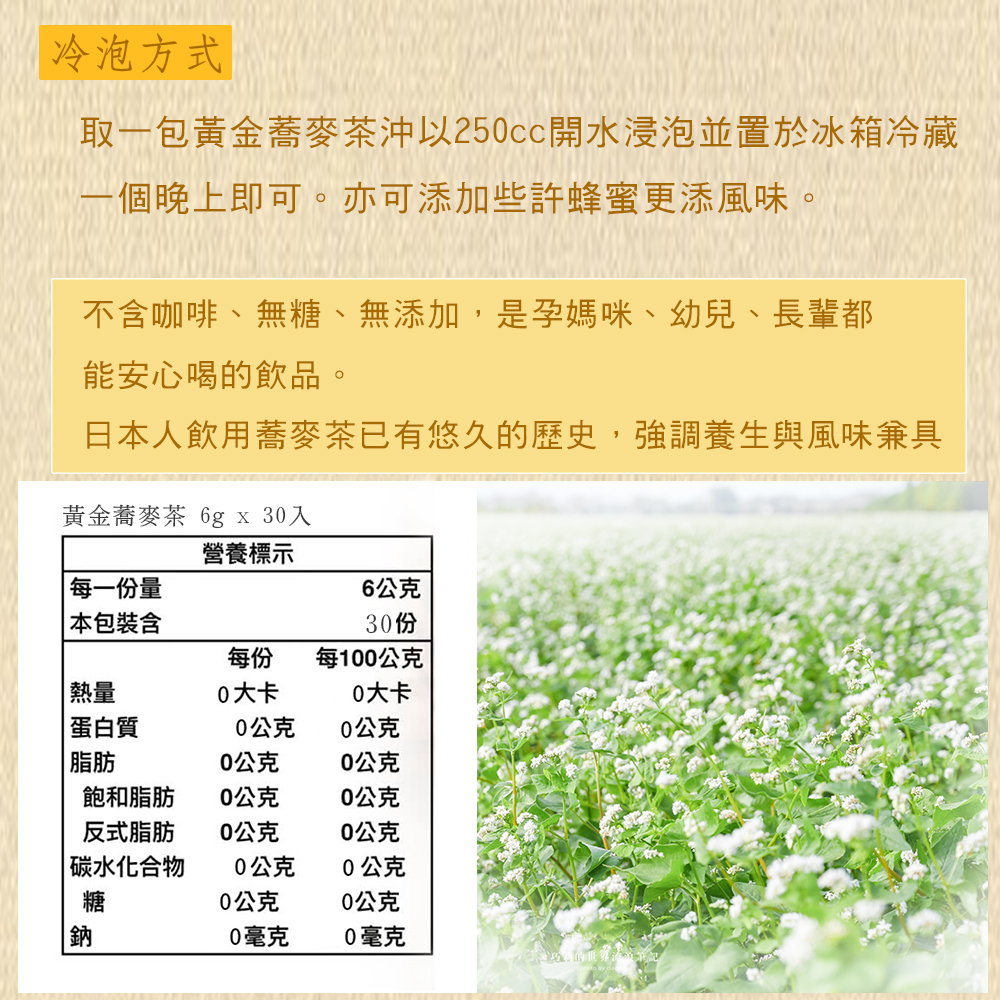 冷泡方式取一包黃金蕎麥茶沖以250cc開水浸泡並置於冰箱冷藏一個晚上即可。亦可添加些許蜂蜜更添風味。不含咖啡、無糖、無添加,是孕媽咪、幼兒、長輩都能安心喝的飲品。日本人飲用蕎麥茶已有悠久的歷史,強調養生與風味兼具黃金蕎麥茶 6g x 30營養標示 每一份量6公克 本包裝含30份每份每100公克 熱量0大卡0大卡蛋白質0公克0公克 脂肪0公克0公克飽和脂肪0公克0公克反式脂肪0公克0公克|碳水化合物0公克0公克糖0公克0公克鈉0毫克0毫克