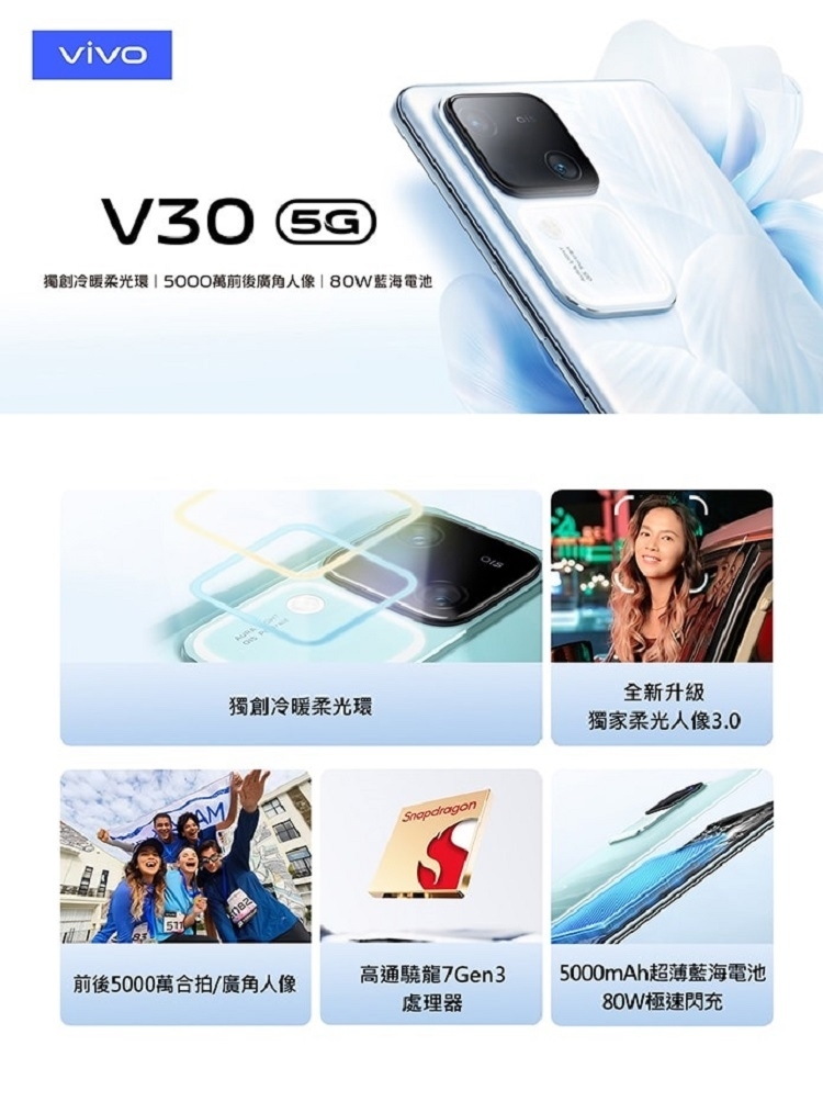 V30 獨創冷暖柔光環  5000萬前後廣角|80W藍海電池獨創冷暖柔光環Snapdragon高通龍7Gen3前後5000萬合拍/廣角人像處理器全新升級獨家柔光人像3.05000mAh超薄藍海電池80W極速閃充