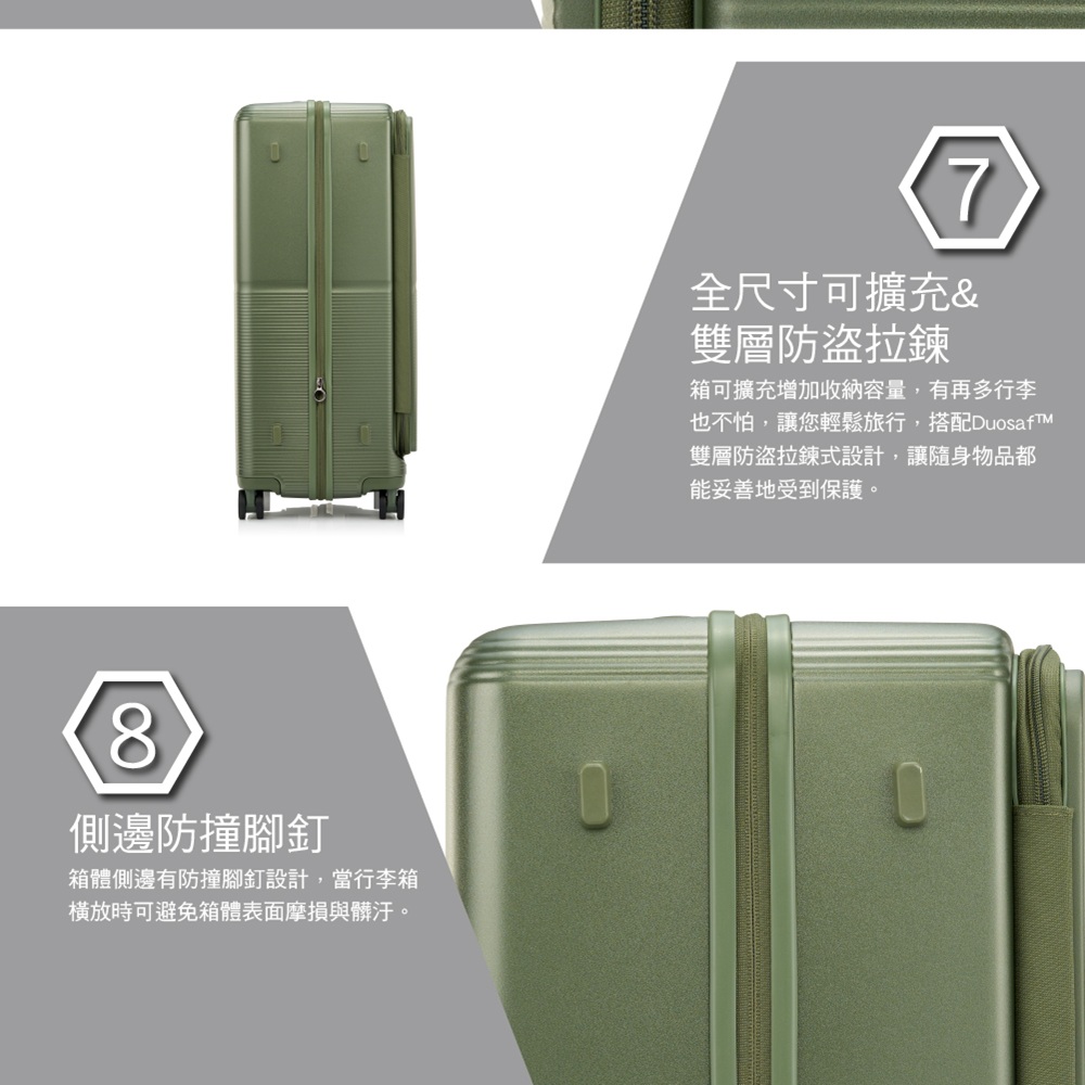 8側邊防撞腳釘箱體側邊有防撞腳釘設計,當行李箱橫放時可避免箱體表面摩損與髒汙。7全尺寸可擴充&雙層防盜拉鍊箱可擴充增加收納容量,有再多行李也不怕,讓您輕鬆旅行,搭配Duosaft雙層防盜拉鍊式設計,讓隨身物品都能妥善地受到保護。