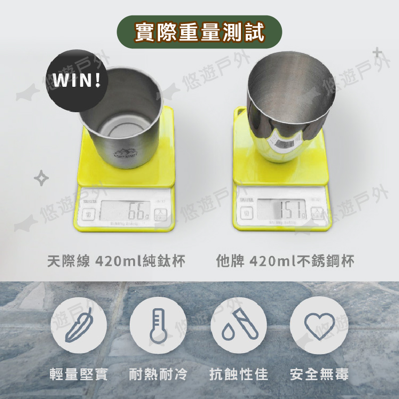 WIN!實際重量測試悠悠遊悠遊遊戶外天際線 42ml純鈦杯他牌 420ml不銹鋼杯0輕量堅實 耐熱耐冷抗蝕性佳安全無毒