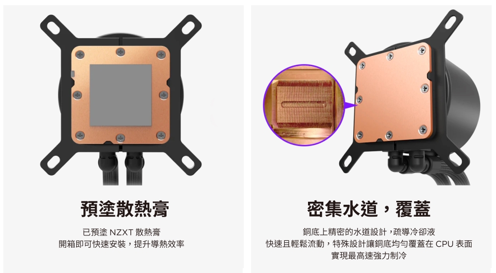 預塗散熱膏已預塗 NZXT 散熱膏開箱即可快速安裝,提升導熱效率密集水道,覆蓋銅底上精密的水道設計,疏導冷卻液快速且輕鬆流動,特殊設計讓銅底覆蓋在CPU 表面實現最高速強力制冷