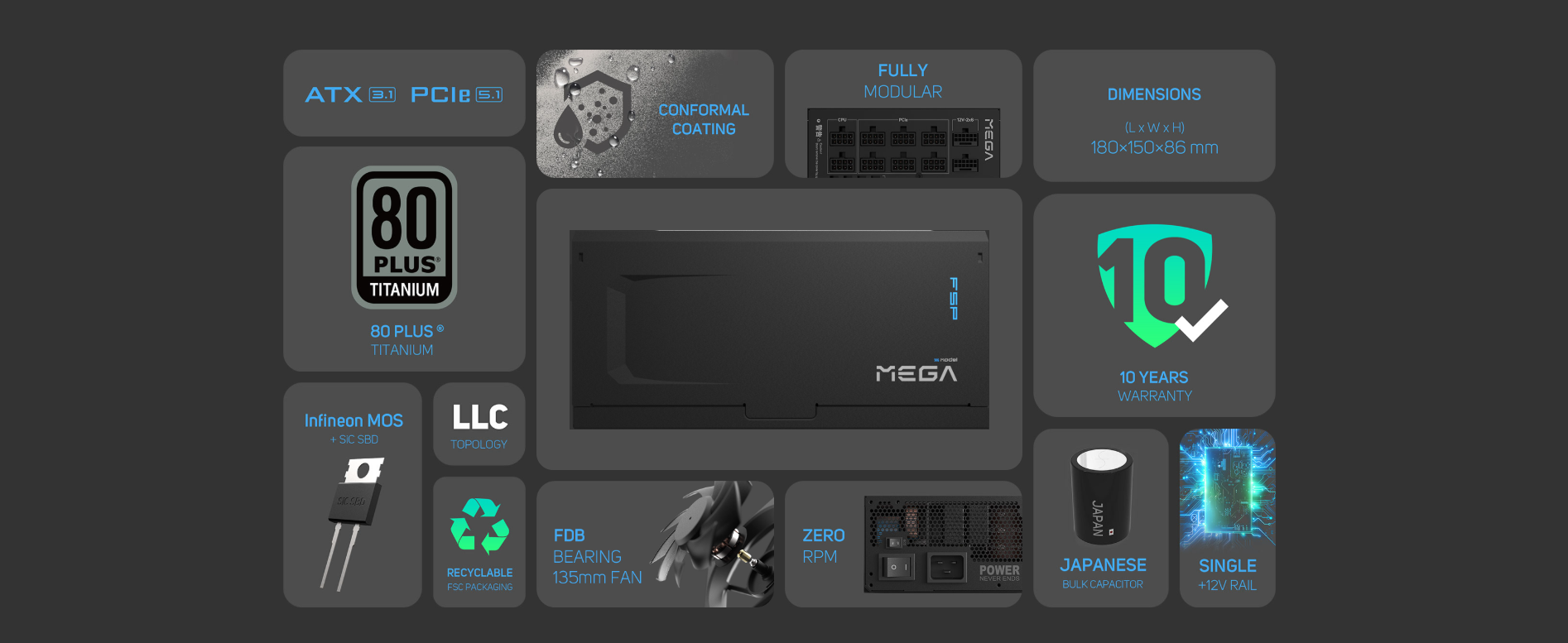ATX   CONFORMALCOATING80PLUS®TITANIUM80 PLUS®TITANIUMInfineon MOS  SBDLLCTOPOLOGYSIC SEDFULLYMODULARDIMENSIONS(L  W  H)180x150x86 MEGA1010 YEARSWARRANTYJAPANFDBBEARINGZERORPMPOWERJAPANESERECYCLABLE135mm FANBULK CAPACITORFSC PACKAGINGSINGLE12V RAIL