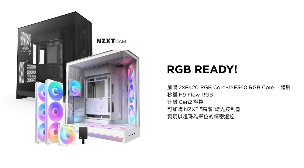 NZXTCAMRGB READY!加購 2F420 RGB Core+1xF360 RGB Core 扇秒變 H9 Flow RGB升級 Gen2 燈控可加購 NZXT 高階燈光控制器實現以燈珠為單位的精密燈控