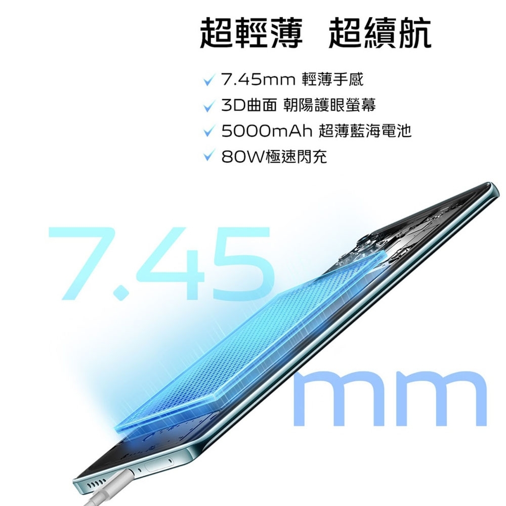 超輕薄 超續航7.45mm曲面 朝陽護眼螢幕5000mAh超薄藍海電池80W極速閃充7.45mm