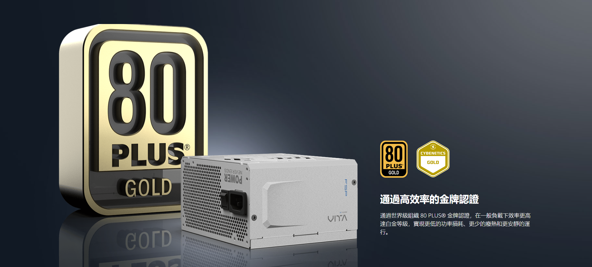 80GOLD80PLUSGOLDCYBENETICSGOLD通過高效率的金牌認證通過世界級組織 80 PLUS® 金牌認證,在一般負載下效率更高達白金等級,實現更低的功率損耗、更少的廢熱和更安靜的運行。