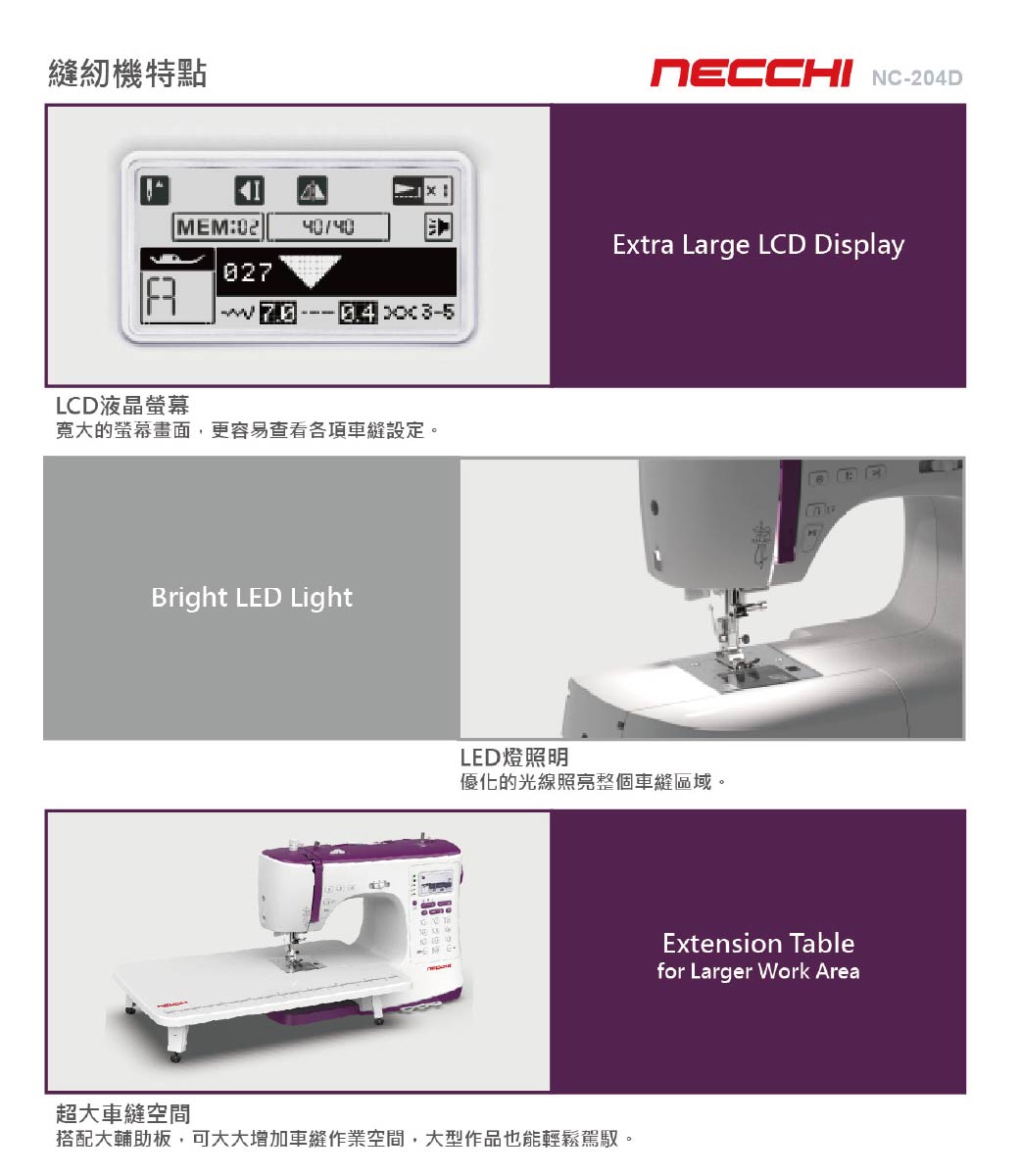 縫紉機特點MEM:0240/40027LCD液晶的螢幕畫面更容易查看各項車縫設定。Bright LED Light超大車縫空間LED燈照明 NC-204DExtra Large LCD Display優化的光線照亮整個車縫區域。搭配大輔助板,可大大增加車縫作業空間,大型作品也能輕鬆駕馭。Extension Tablefor Larger Work Area