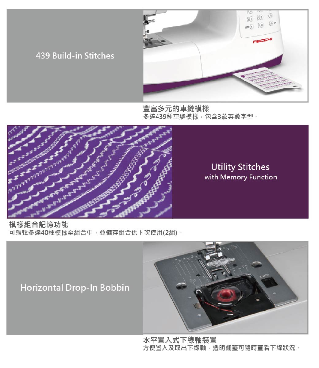 439 Buildin Stitches- 10 豐富多元的車縫模樣多達439種車縫模樣,包含3款英數字型。模樣組合記憶功能可編輯多達40種模樣至組合中,並儲存組合供下次使用(2組)。Horizontal Drop- BobbinUtility Stitcheswith Memory Function水平置入式下線軸裝置方便置入及取出下線軸,透明翻蓋可隨時查看下線狀況。
