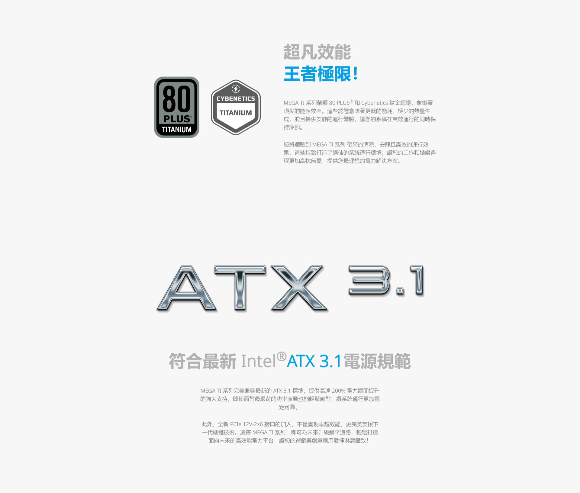 80CYBENETICSTITANIUMPLUS TITANIUM超凡效能王者極限!MEGA TI 系列榮獲 80 PLUS  和 Cybenetics 鈦金認證,象徵著頂尖能源效率。這些認證意味著更低的能耗、極少的熱量生成,並且提供安靜的運行體驗,讓您的系統在高效運行的同時保持冷卻。您將體驗到 MEGA TI 系列 帶來的清涼、安靜且高效的運行效果,這些特點打造了絕佳的系統運行環境,讓您的工作和娛樂過程更加高枕無憂,提供您最理想的電力解決方案。ATX 3.1符合最新 Intel® ATX 3.1電源規範MEGA TI 系列完美兼容最新的 ATX 3.1 標準,提供高達200% 電力瞬間提升的支持,即使面對最嚴苛的功率波動也能輕鬆應對,讓系統運行更加穩定可靠。此外,全新  12V-2x6 接口的加入,不僅實現卓越效能,更完美支援下一代硬體技術。選擇 MEGA TI 系列,即可為未來升級鋪平道路,輕鬆打造面向未來的高效能電力平台,讓您的遊戲與創意應用發揮淋漓盡致!