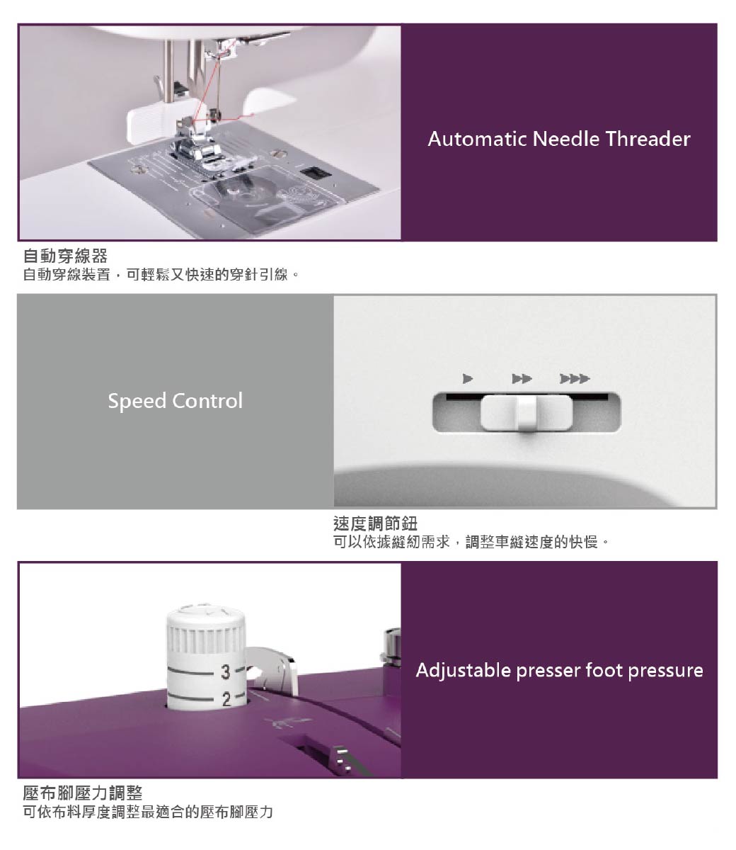 自動穿線器自動穿線裝置,可輕鬆又快速的穿針引線。Speed Control壓布腳壓力調整可依布料厚度調整最適合的壓布腳壓力Automatic Needle Threader速度調節鈕可以依據縫紉需求,調整車縫速度的快慢。Adjustable presser foot pressure