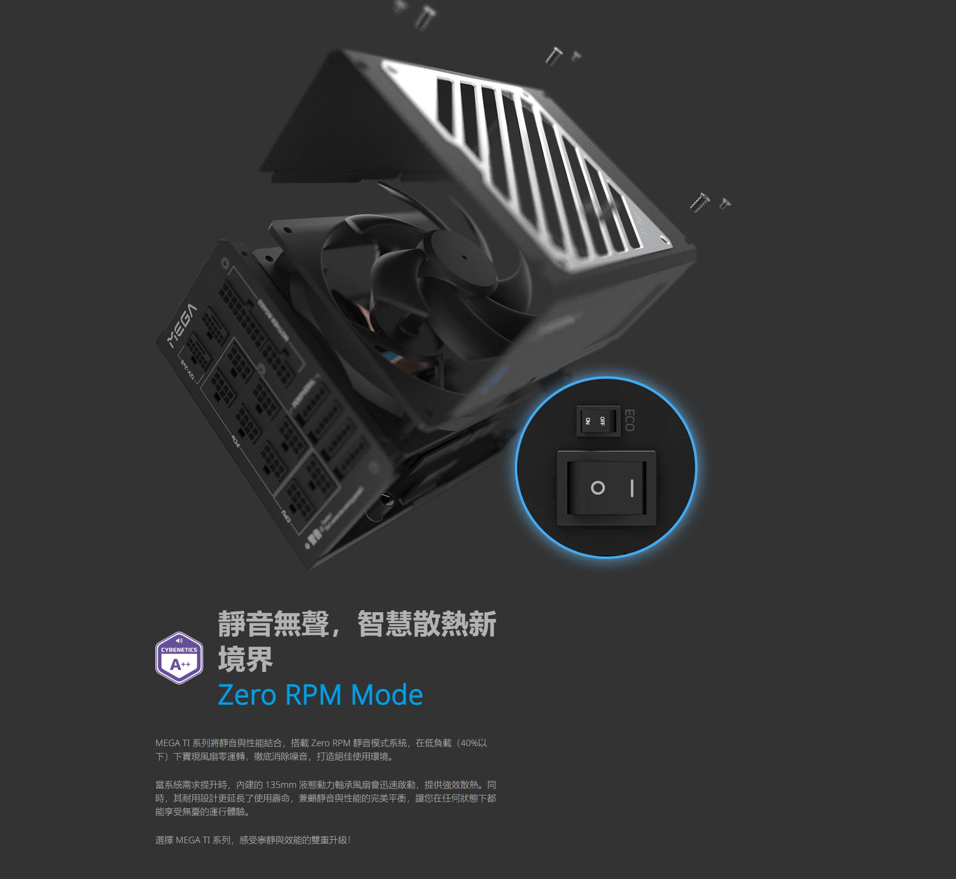 12V-2x6- CYBENETICS靜音無聲,智慧散熱新A 境界Zero RPM ModeMEGA TI 系列將靜音與性能結合,搭載 Zero RPM 靜音模式系統,在低負載(4%以下)下實現風扇零運轉,徹底消除噪音,打造絕佳使用環境。當系統需求提升時,內建的 135mm 液態動力軸承風扇會迅速啟動,提供強效散熱。同時,其耐用設計更延長了使用壽命,兼顧靜音與性能的完美平衡,讓您在任何狀態下都能享受無憂的運行體驗。選擇 MEGA TI 系列,感受寧靜與效能的雙重升級!ECO0