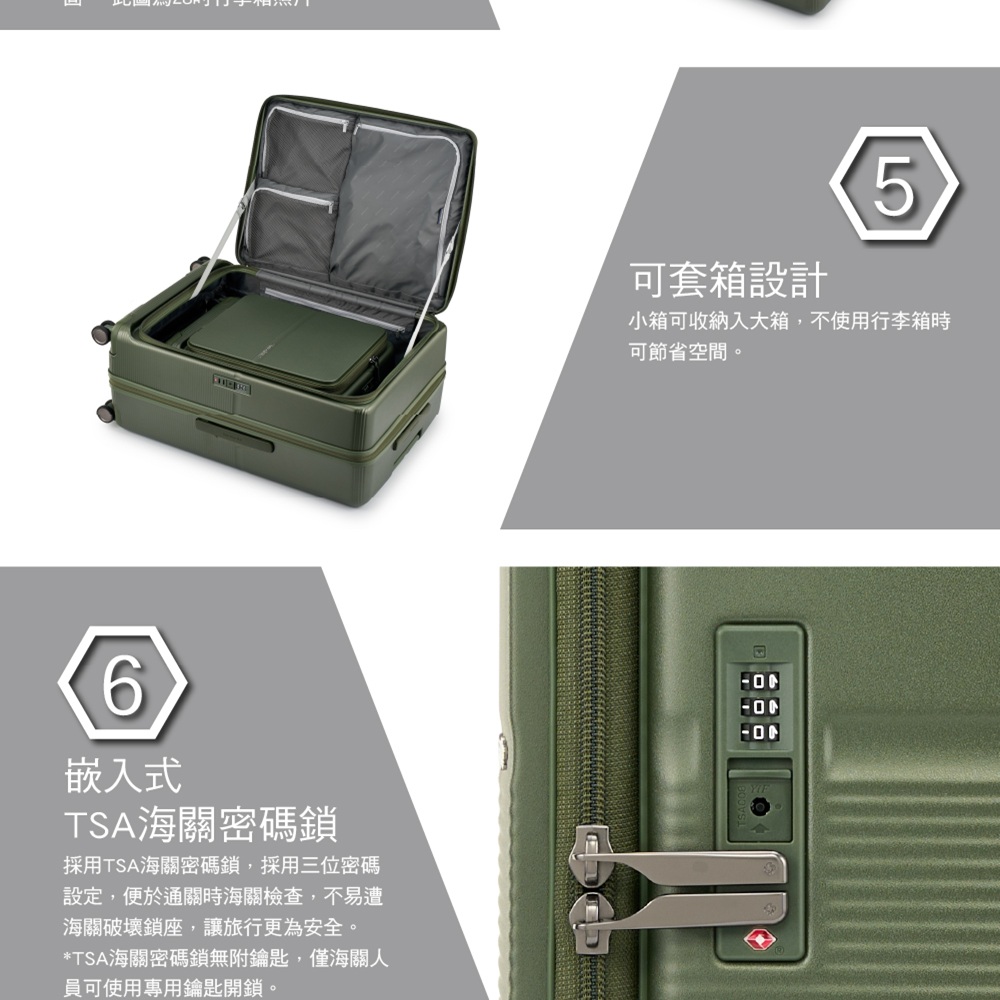 6嵌入式TSA海關密碼鎖採用TSA海關密碼鎖,採用三位密碼設定,便於通關時海關檢查,不易遭海關破壞鎖座,讓旅行更為安全。*TSA海關密碼鎖無附鑰匙,僅海關人員可使用專用鑰匙開鎖。可套箱設計5小箱可收納入大箱,不使用行李箱時可節省空間。