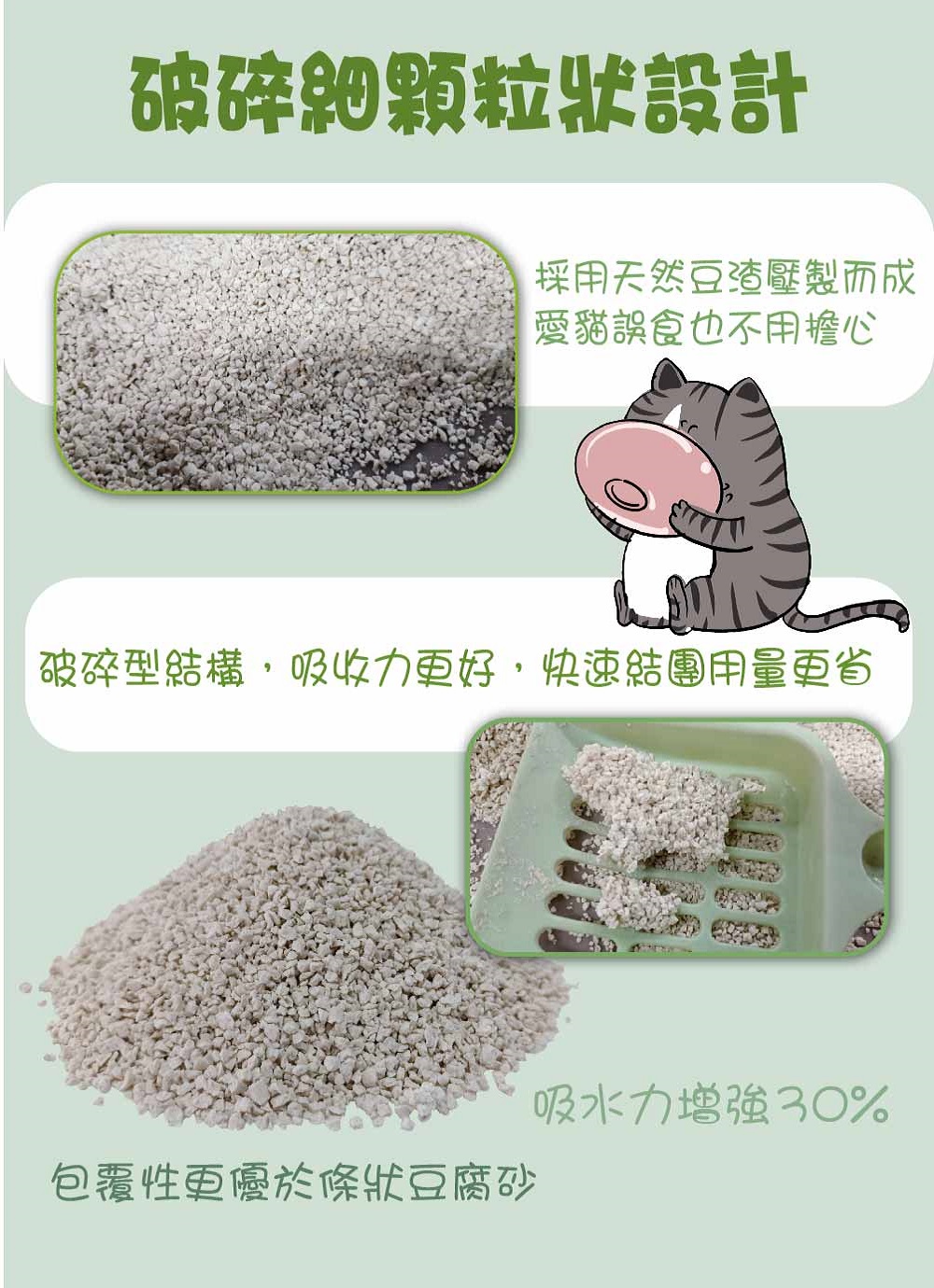 破碎細顆粒狀設計採用天然豆渣壓製而成愛貓誤食也不用擔心破碎型結構,吸收力更好,快速結團用量更省包覆性更優於條狀豆腐砂吸水力增強30%