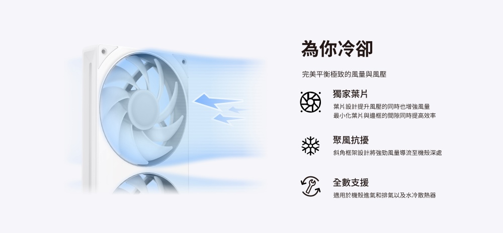為你冷卻完美平衡極致的風量與風壓獨家葉片葉片設計提升風壓的同時也增強風量最小化葉片與邊框的間隙同時提高效率聚風抗擾斜角框架設計將強勁風量導流至機殼深處全數支援適用於機殼進氣和排氣以及水冷散熱器