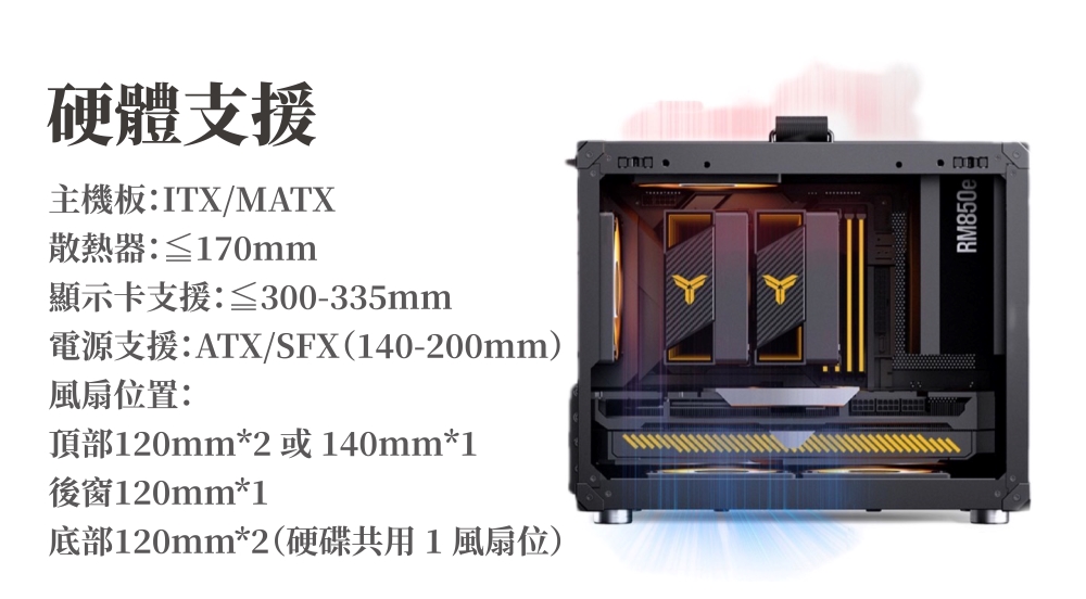 硬體支援主機板:ITX/MATX散熱器: 170mm顯示卡支援:≦300335mm電源支援:ATX/SFX(140-200mm)風扇位置:頂部120mm*2 或 140mm*1後窗120mm*1底部120mm*2(硬碟共用1風扇位)-- RM850e