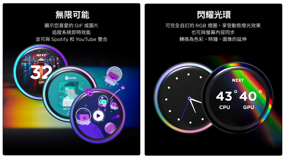 無限可能顯示您喜愛的 GIF 或圖片追蹤系統即時效能並可與 Spotify 和 YouTube 整合32SpotifyWITH閃耀光環可完全自訂的 RGB 燈圈,享受動態燈光效果也可與螢幕內容同步轉換為色彩、時鐘、圖像的延伸NZXT4340CPUGPU