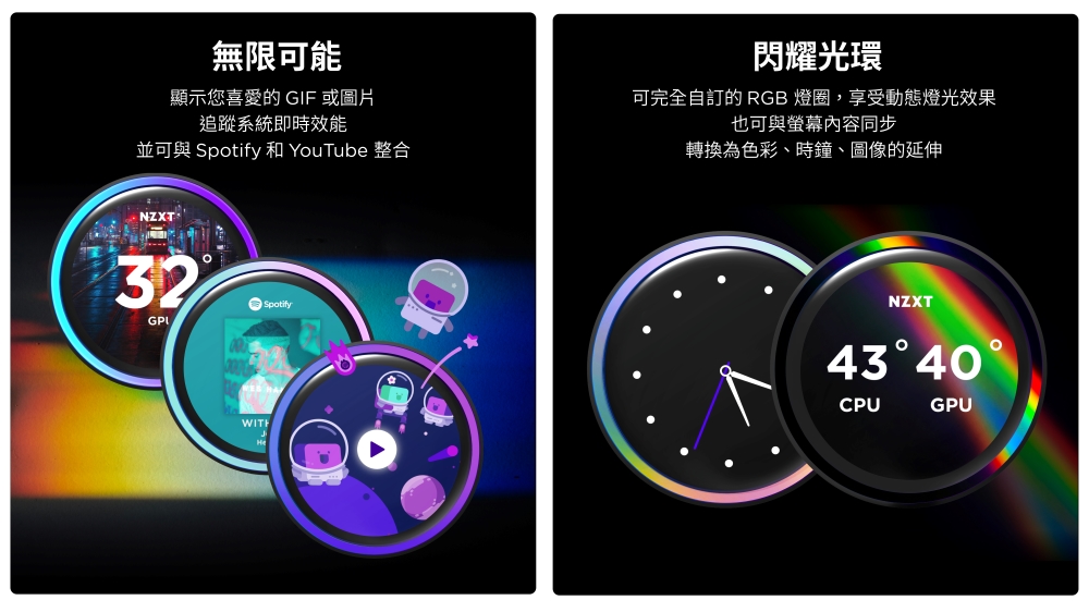 無限可能顯示您喜愛的 GIF 或圖片追蹤系統即時效能並可與 Spotify 和 YouTube 整合NZXT32SpotifyWITH閃耀光環可完全自訂的 RGB 燈圈,享受動態燈光效果也可與內容同步轉換為色彩、時鐘、圖像的延伸NZXT4340CPUGPU