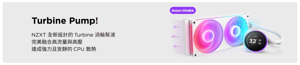 Turbine Pump!NZXT 全新設計的 Turbine 渦輪幫浦完美融合高流量與高壓達成強力且安靜的CPU 散熱Noise30dBA32