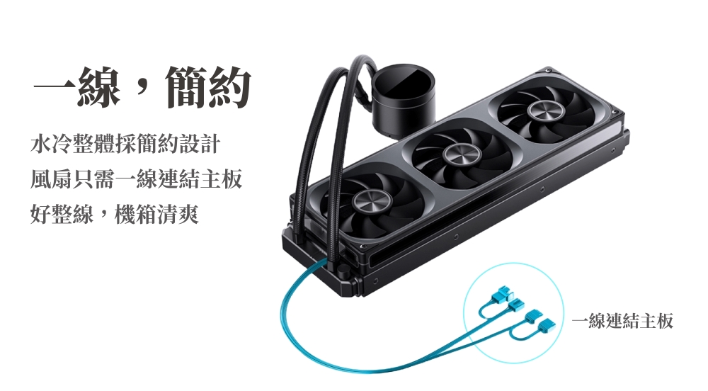一線,簡約水冷整體採簡約設計風扇只需一線連結主板好整線,機箱清爽一線連結主板
