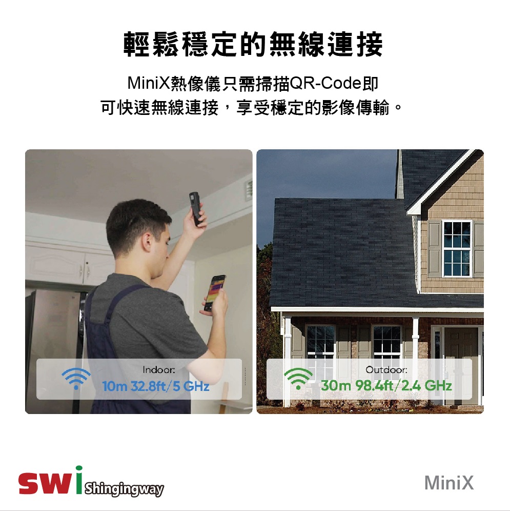 輕鬆穩定的無線連接MiniX熱像儀只需掃描QR-Code即可快速無線連接,享受穩定的影像傳輸。Indoor:10m 32.8ft/5 GHzOutdoor:30m 98.4ft/2.4 GHzMiniX