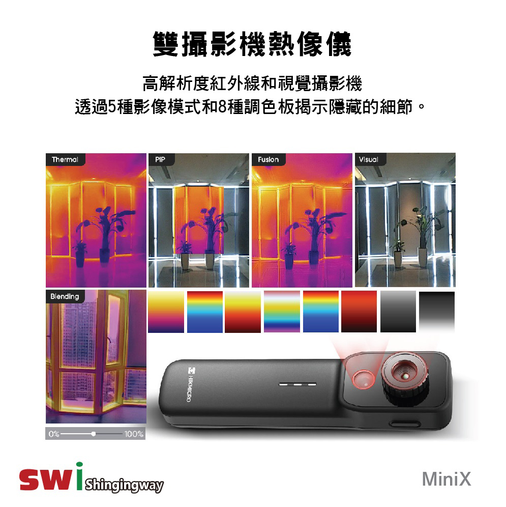 雙攝影機熱像儀高解析度紅外線和視覺攝影機透過5種影像模式和8種調色板揭示隱藏的細節。hermalPIPBlending0%% HIKMICROFusionVisualTMiniX