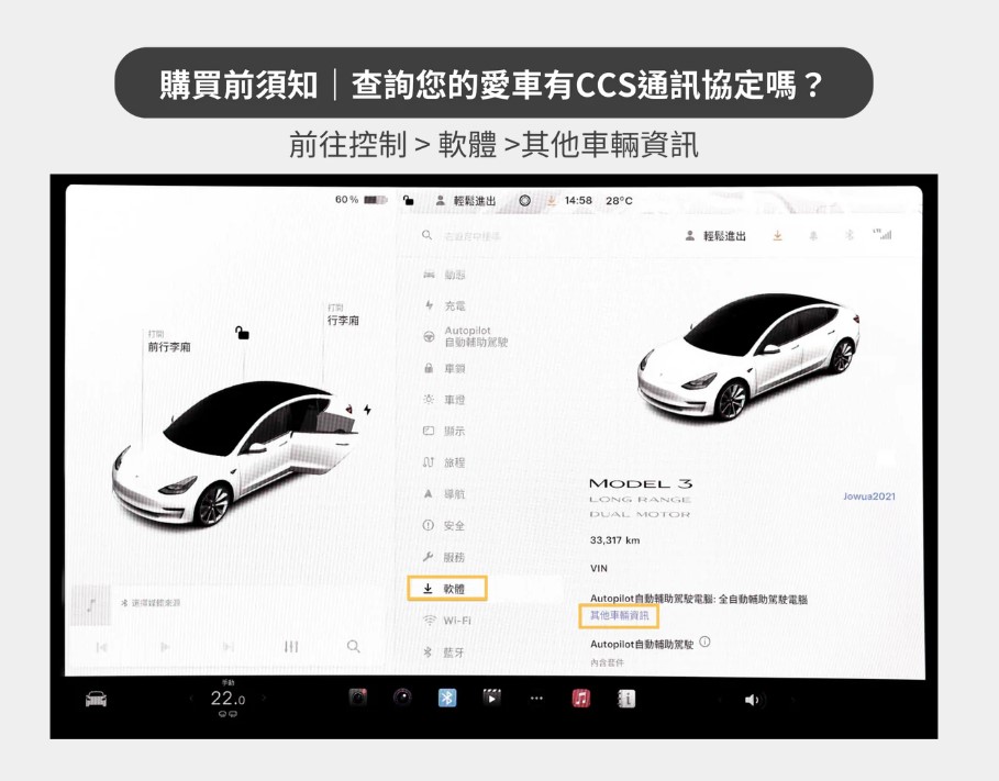 購買前須知查詢您的愛有CS通訊協定嗎?前往控制軟體其他車輛資訊60% 輕鬆進出 14:58 28°C打開|行李廂打開前行李廂C22.0 充電utopilot 車 輕鬆進出顯示 旅程A LONG RANGEDUAL MOTORMODEL 3Jowua2021① 安全33,317 km服務VIN軟體WI- Autopilot自動輔助駕駛電腦:全自動輔助駕駛電腦其他車輛資訊Autopilot自動輔助駕駛內含件