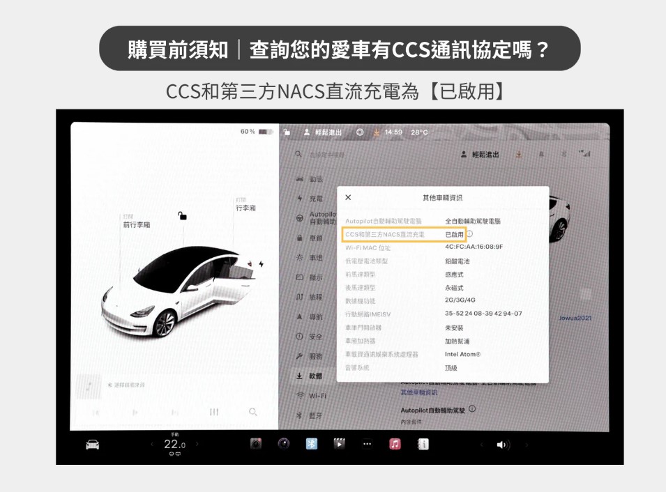 購買須知查詢您的愛車有協定嗎?CCS和第三方NCS直流為【已啟用】% 進出:59 28°C 輕鬆進出 充電訊行李Autopilo自動Autopilot自動輔助駕駛電全自動輔助駕駛電腦前行李| CCS和第三方NACS直流充電已啟用 鎖FI MAC位址4C:FC:AA:16:08:9F鉛酸電池前顯示後馬達類型旅程A行動① 安全感應式永磁式//4G35-52 24 08-39 42 94-07未安装加熱幫- 資通訊處理器系統Intel 頂級軟體 -FI手動22.0 其他車輛Autopilot自動輔助駕駛 ①60Jowua2021