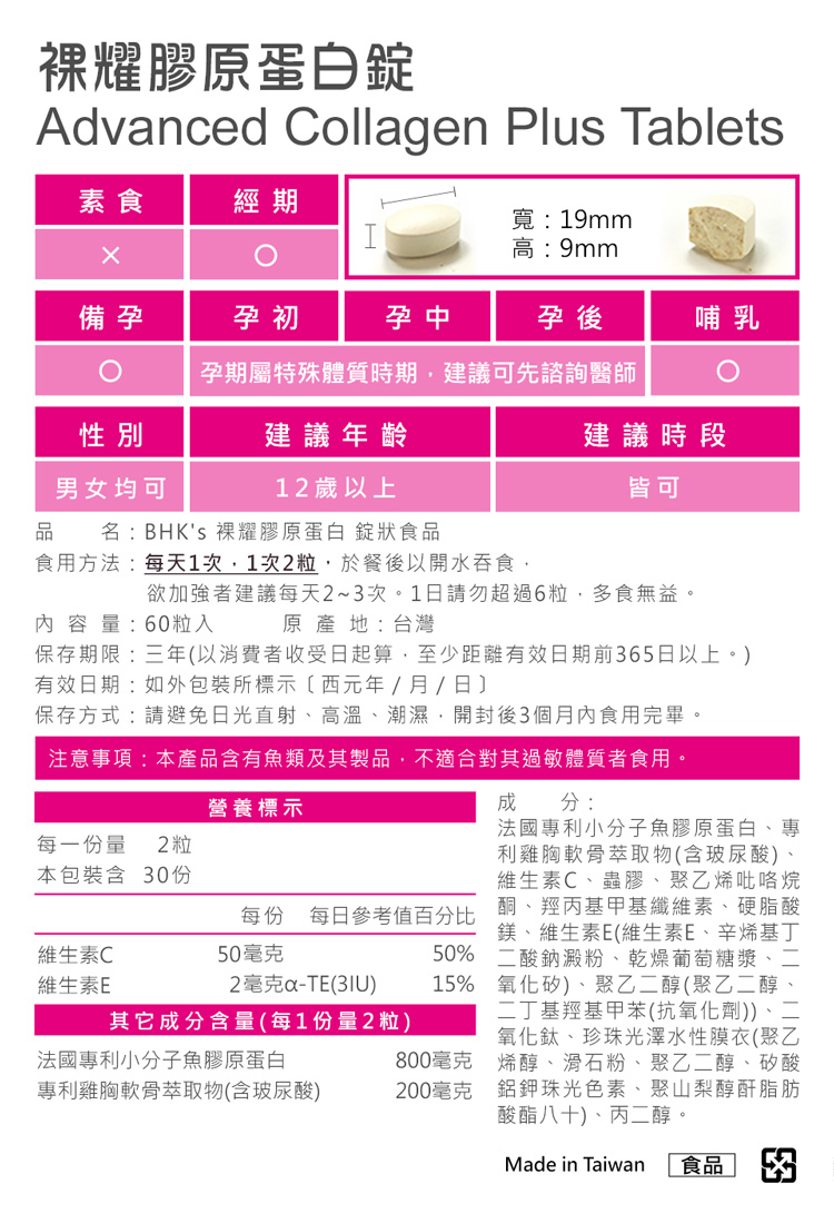 耀膠原蛋白錠Advanced Collagen Plus Tablets素食經期備孕孕初寬:19mm高:9mm孕中孕後哺乳孕期屬特殊體質時期,建議可先諮詢醫師性別建議年齡男女均可12歲以上品名: BHKs 裸耀膠原蛋白錠狀食品建議時段皆可食用方法:每天1次,1次2粒,於餐後以開水吞食,欲加強者建議每天2~次。1日請勿超過6粒,多食無益。原產地:台灣內容量:60粒入保存期限:三年以消費者收受日起算,至少距有效日期前365日以上。有效日期:如包裝所標示西元年/月/日保存方式:請避免日光直射高溫潮濕、開封後3個月內食用完畢。注意事項:本產品含有魚類及其製品,不適合對其過敏體質者食用。營養標示分:每一份量 2粒本包裝含 30份維生素C維生素E法國專利小分子魚膠原蛋白800毫克專利雞胸軟骨萃取物(含玻尿酸)200毫克法國專利小分子魚膠原蛋白、專利雞胸軟骨萃取物(含玻尿酸)、維生素C、蟲膠、聚乙烯吡咯烷每份 每日參考值百分比 酮、羥丙基甲基纖維素、硬脂酸鎂、維生素E(維生素E、辛烯基丁50毫克50% 二酸鈉澱粉、乾燥葡萄糖漿、2毫克-TE() 15% 氧化矽)、聚乙二醇(聚乙二醇、二丁基羥基甲苯(抗氧化劑))、其它成分含量(每1份量2粒)氧化鈦、珍珠光澤水性膜衣(聚乙烯醇、滑石粉、聚乙二醇、矽酸鉀珠光色素、聚山梨醇酐脂肪酸酯八十)、丙二醇。Made in Taiwan 食品 3