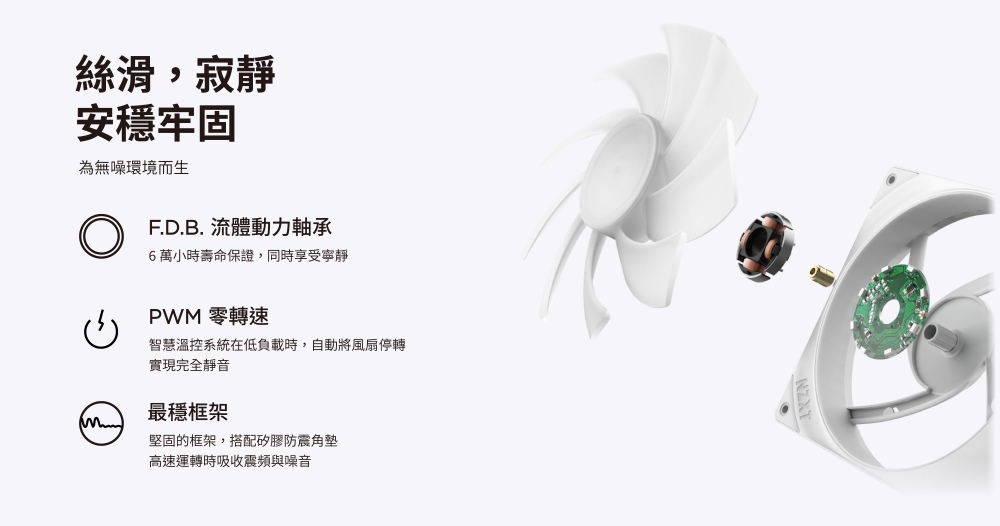 絲滑,寂靜安牢固為無噪環境而生F.D.B. 流體動力軸承6萬小時壽命保證,同時享受寧靜PWM 零轉速智慧溫控系統在低負載時,自動將風扇停轉實現完全靜音最穩框架堅固的框架,搭配矽膠防震角墊高速運轉時吸收震頻與噪音